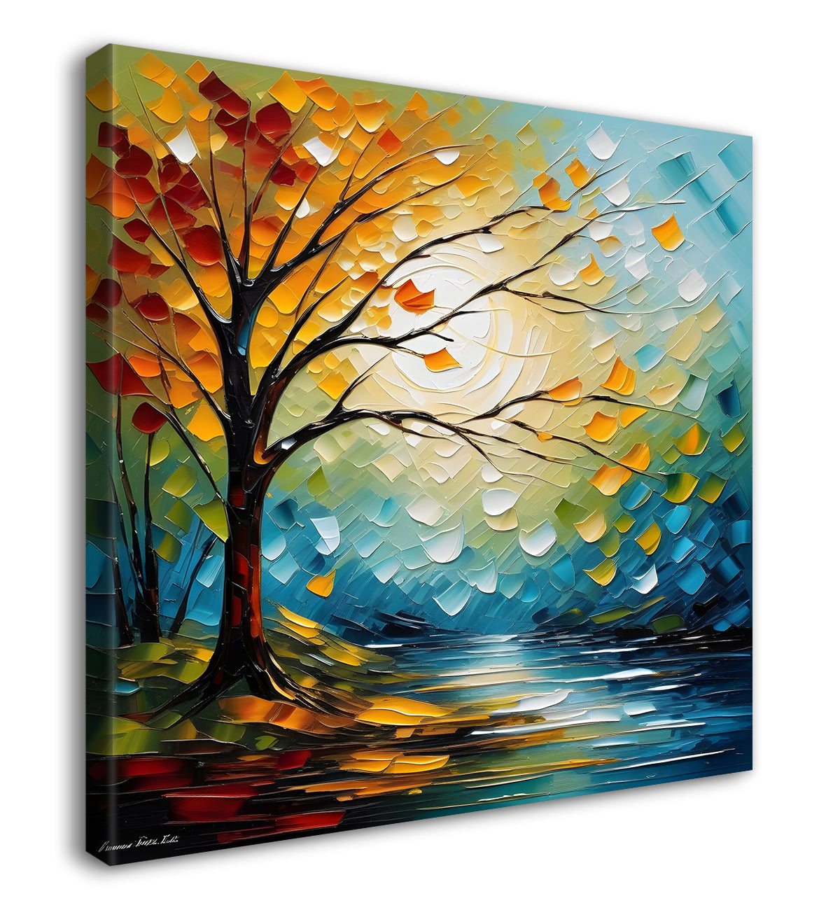 Colourful tree with lake in textured natural art painting Canvas Painting 24X24 - Nature Art -S-34
