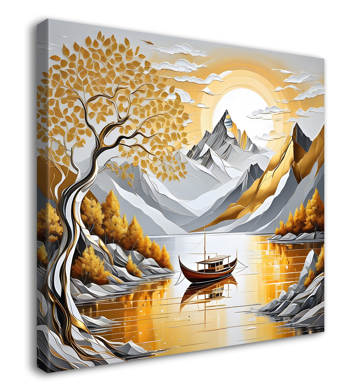 Golden tree with river and mountains in light background painting Canvas Painting 24X24 - Nature Art -S-36