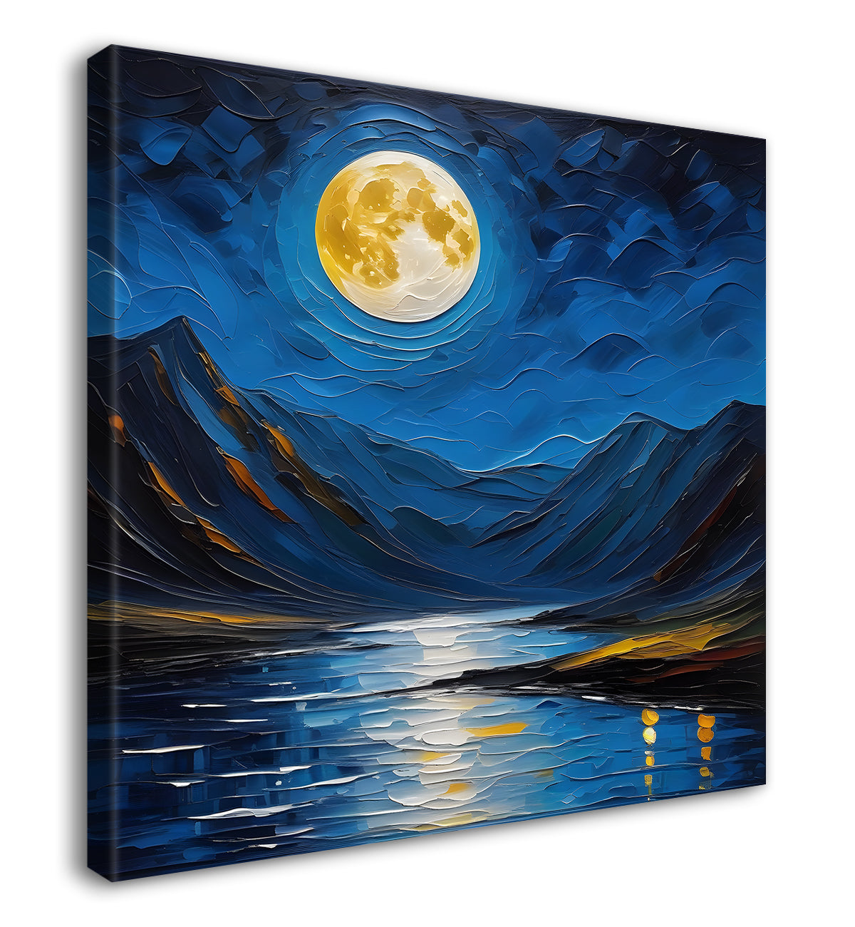 Mountians with moon and lake in night background painting Canvas Painting 24X24- Nature Art -S-38