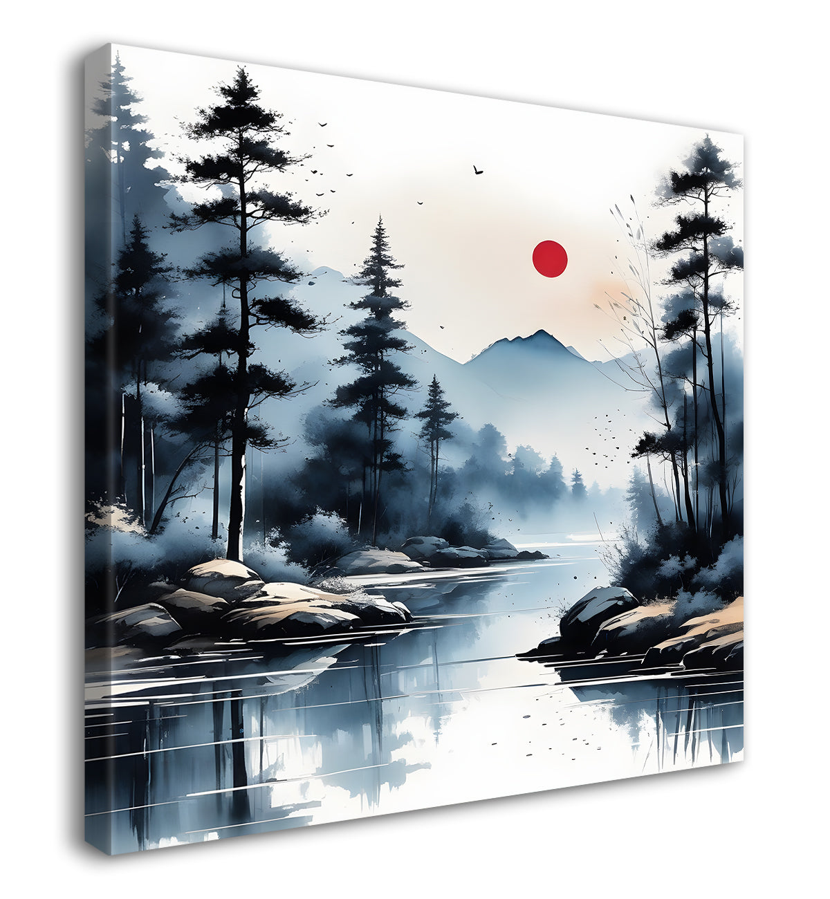 Mountains with trees and river water colour painting Canvas Painting 24X24 - Nature Art -S-41