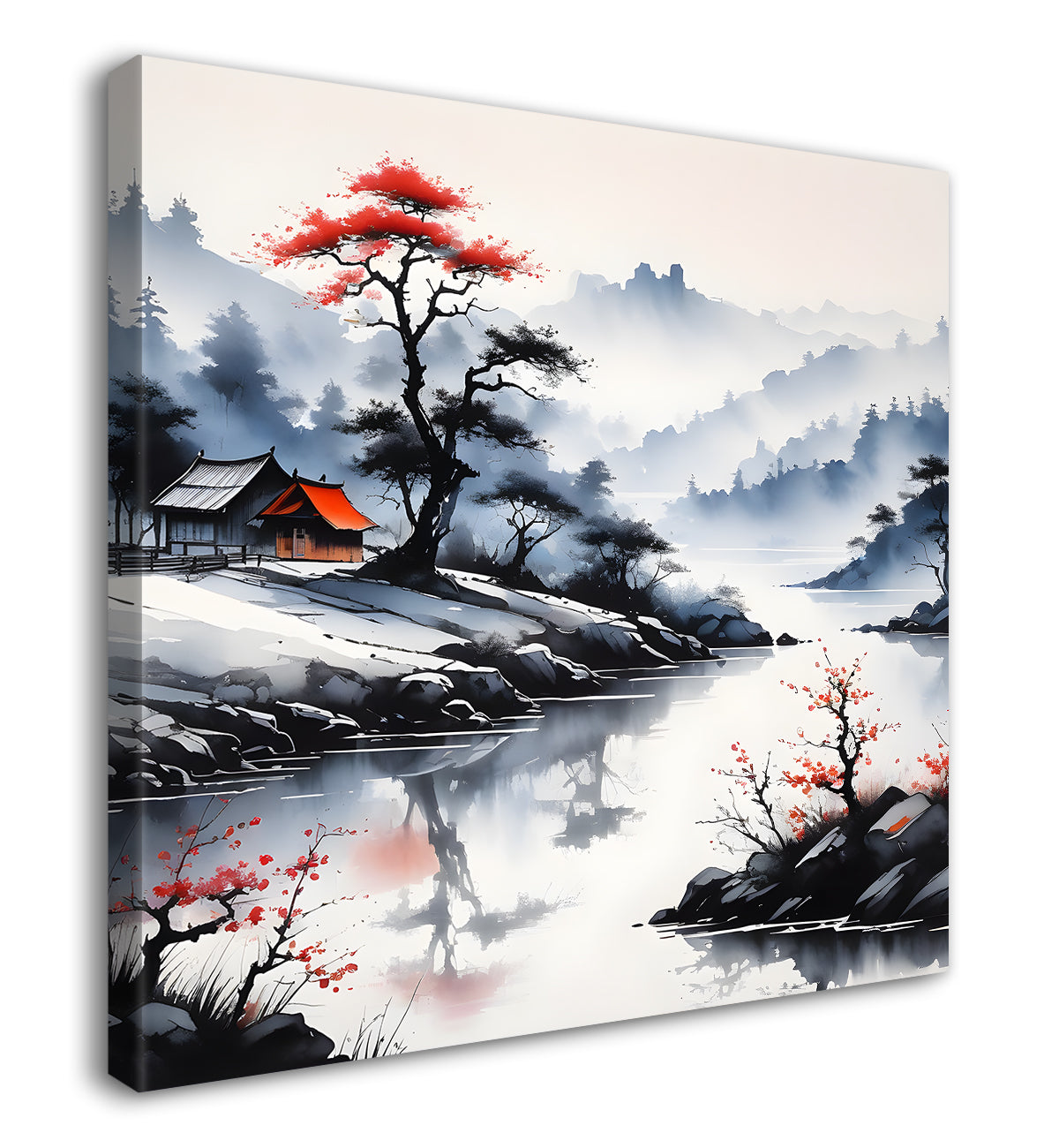 Mountains with trees and river water colour painting Canvas Painting 24X24- Nature Art -S-44