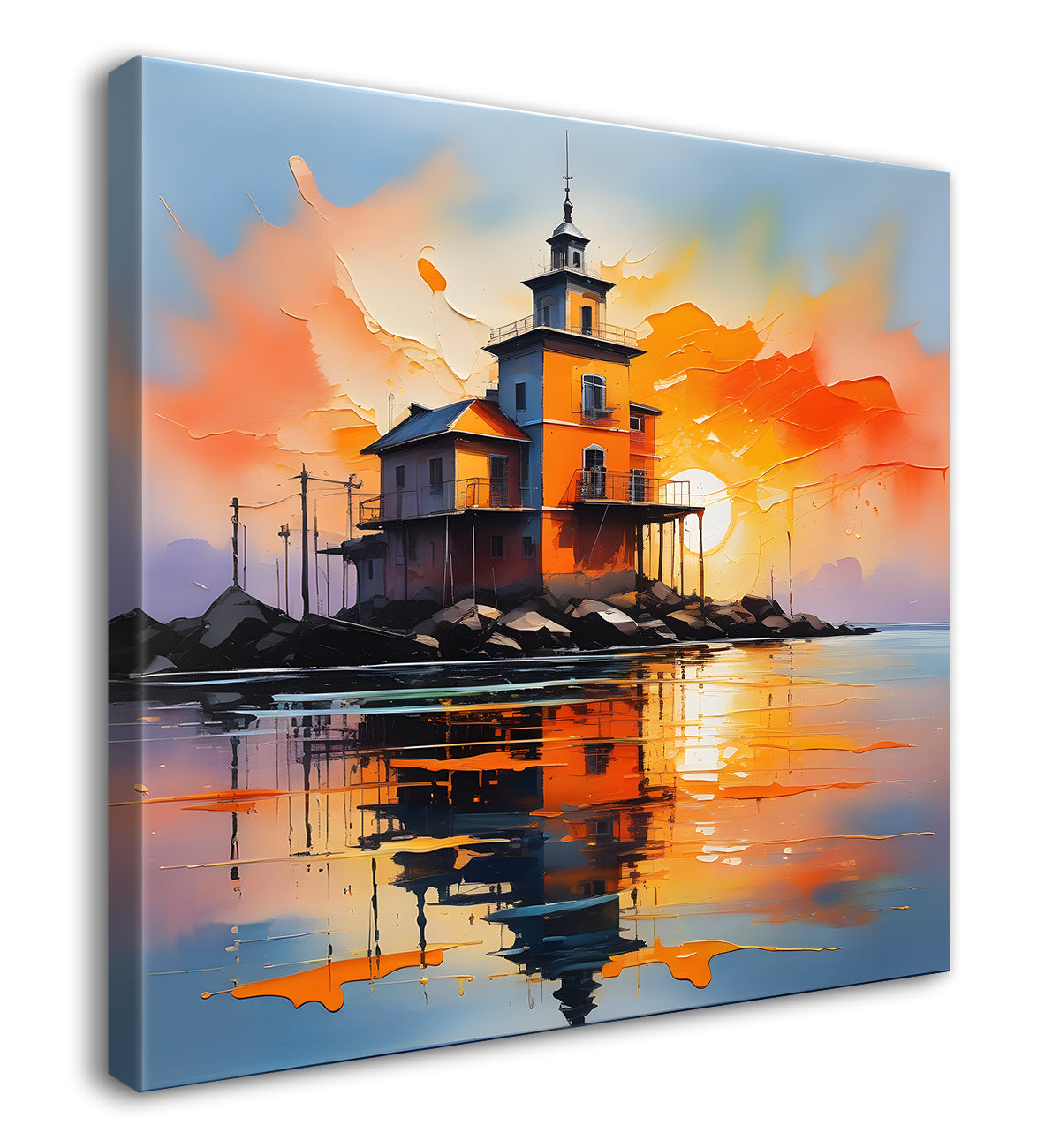House in the river with sunset painting Canvas Painting 24X24- Nature Art -S-46