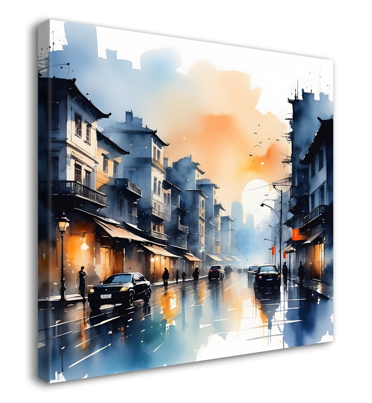 City with cars and people painting Canvas Painting 24X24- Nature Art -S-47