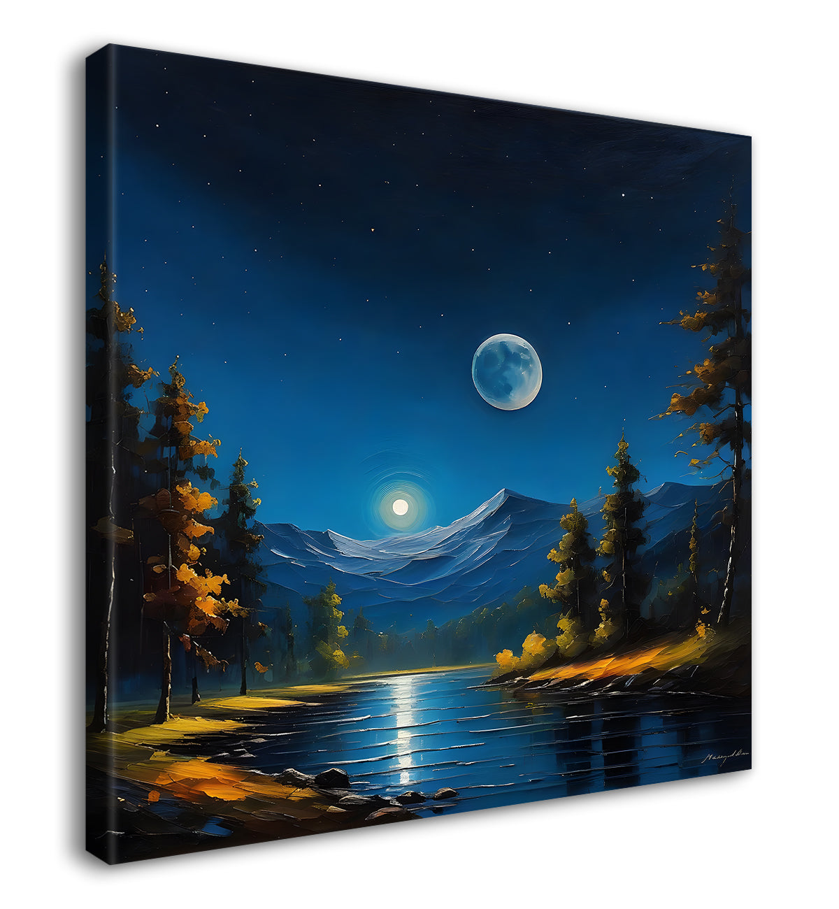 Mountains with tree river and moon painting Canvas Painting 24X24- Nature Art -S-48
