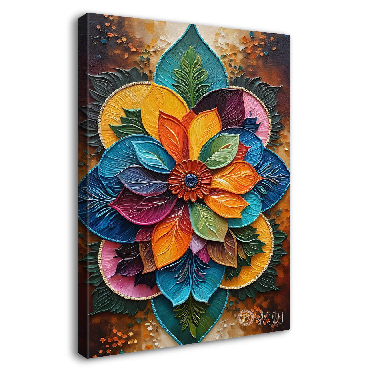 Colourful flower in mandala design textured canvas painting- Flower-V-1
