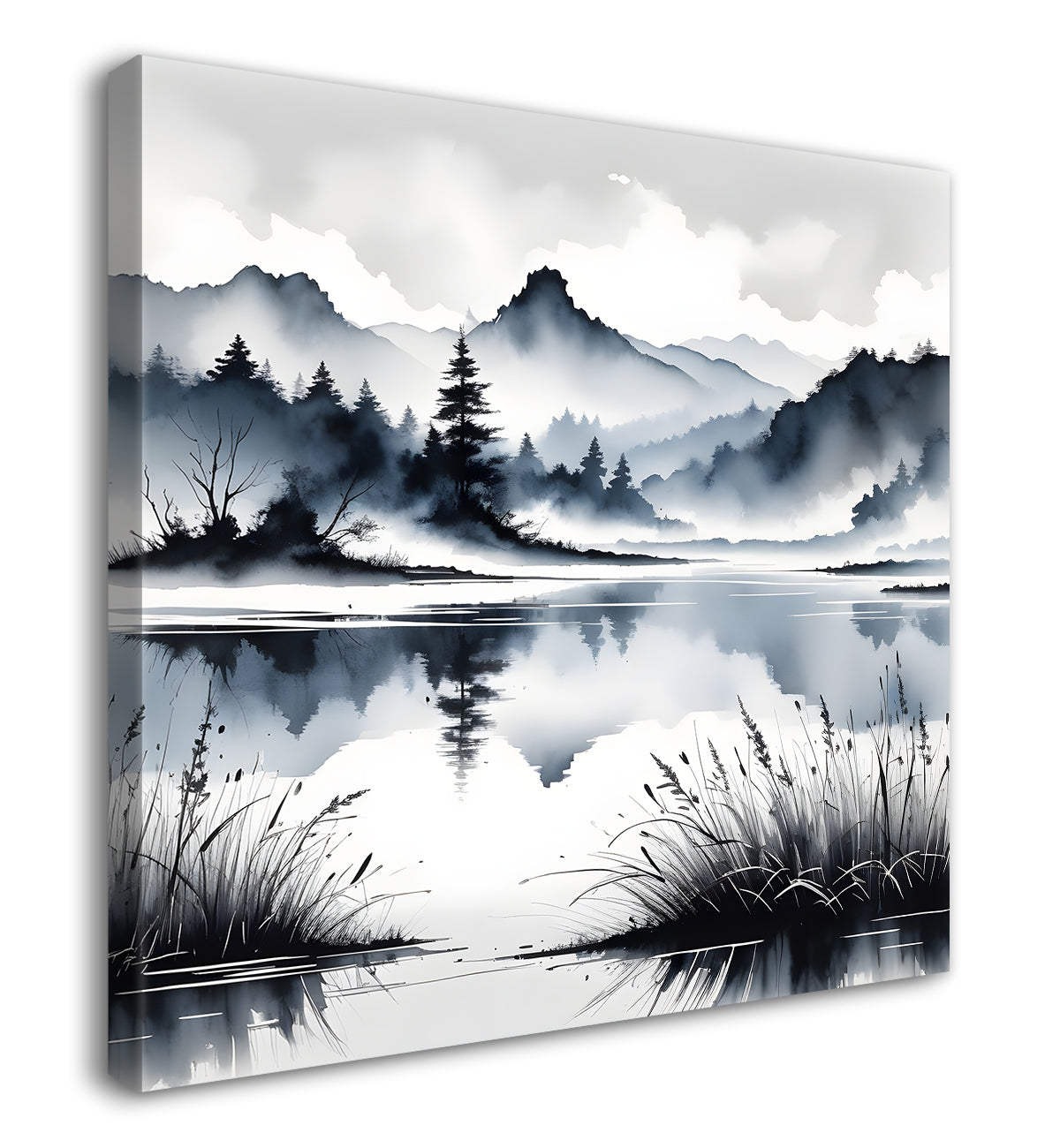 Mountains with trees and river with clouds water colour painting Canvas Painting 24X24- Nature Art -S-50