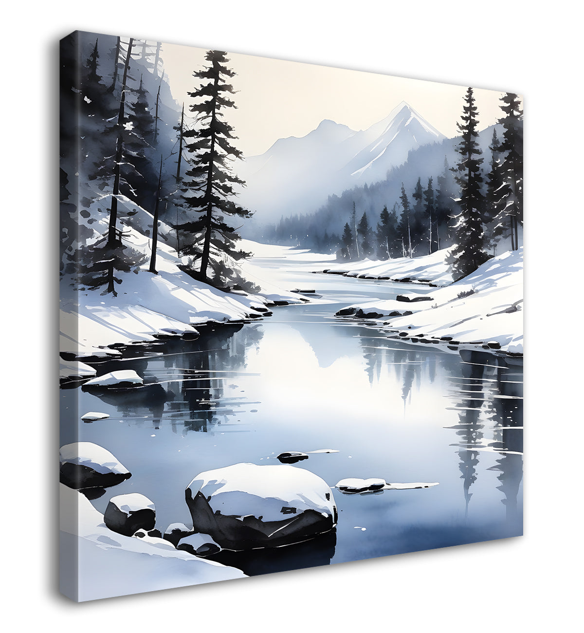Mountains with trees and river with clouds water colour painting Canvas Painting 24X24 - Nature Art -S-51