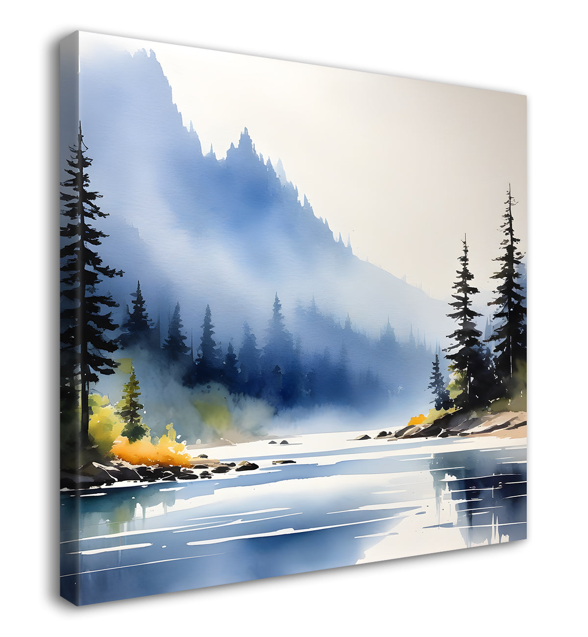 Mountains with trees and river with clouds water colour painting Canvas Painting 24X24- Nature Art -S-54