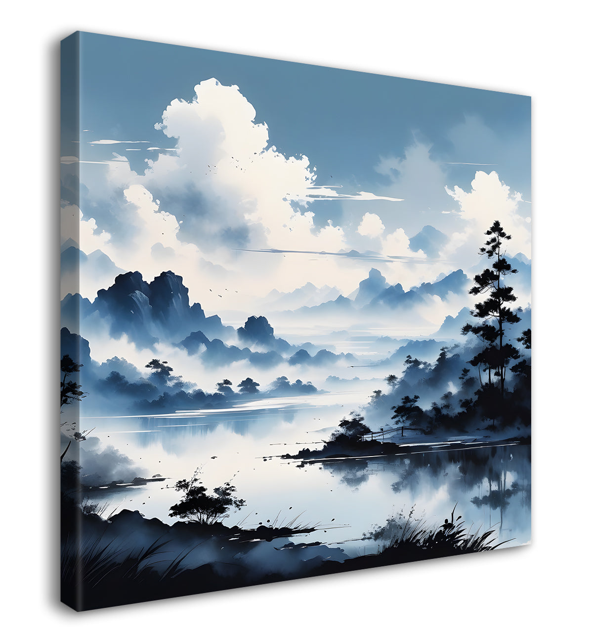 Mountains with trees and river with clouds water colour painting Canvas Painting 24X24- Nature Art -S-58