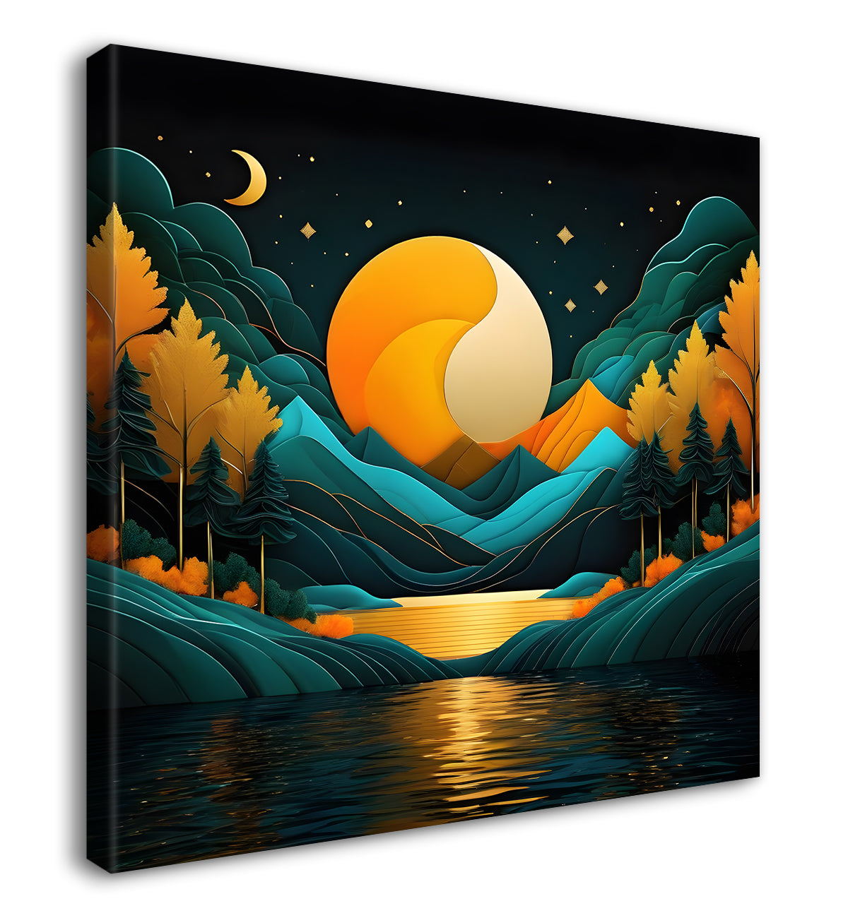 Green mountains with moon and trees painting Canvas Painting 24X24- Nature Art -S-59