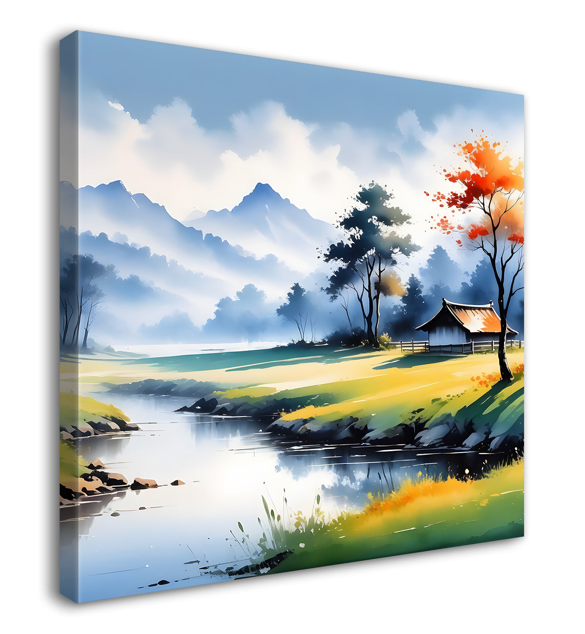Mountains with trees and river painting Canvas Painting 24X24- Nature Art -S-60