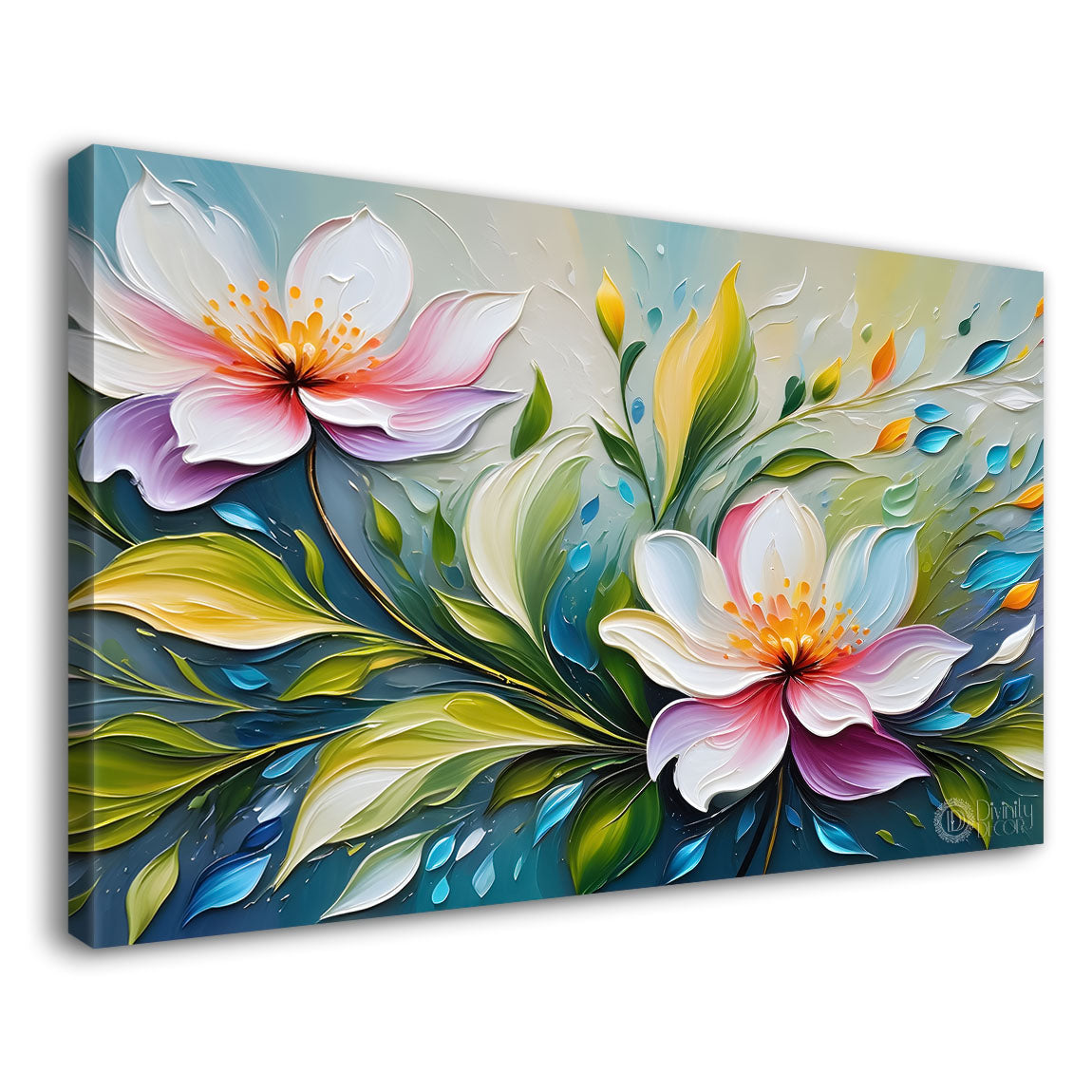 White flowers with green leaves textured painting - Design - Flower-1