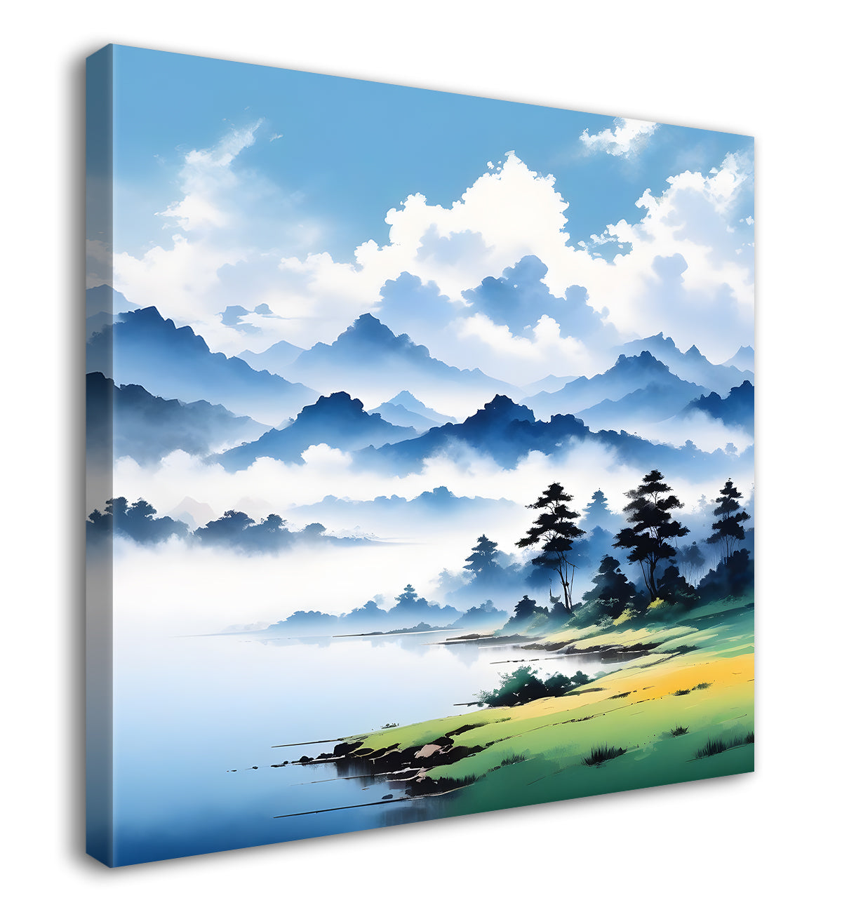 Mountains with clouds and river painting 24X24- Nature Art -S-68