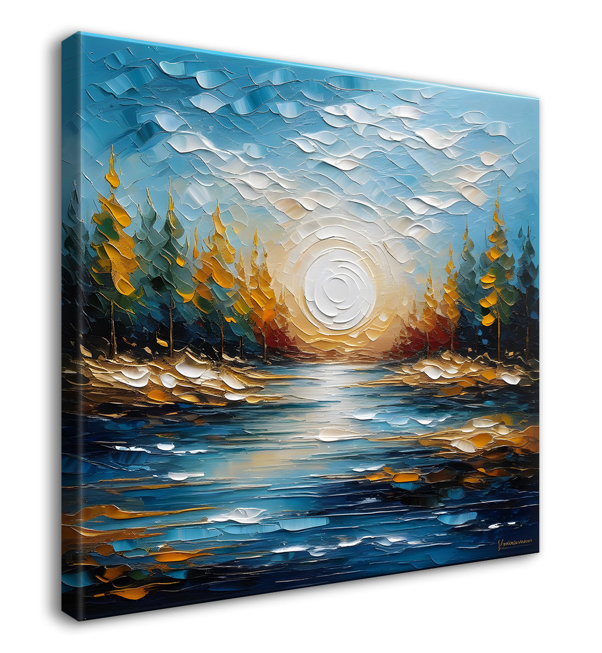 Sun with trees and river in colourful textured painting Canvas Painting 24X24 - Nature Art -S-6