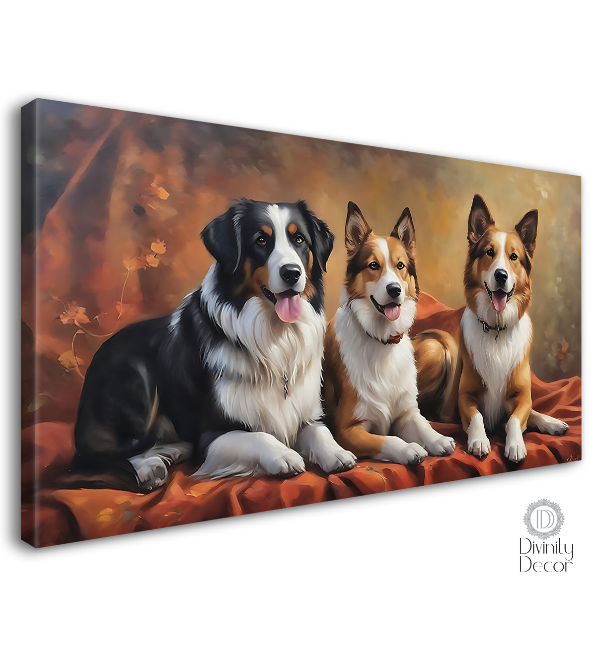 Three dogs sitting together in brown background textured art - Design - Animal - 1