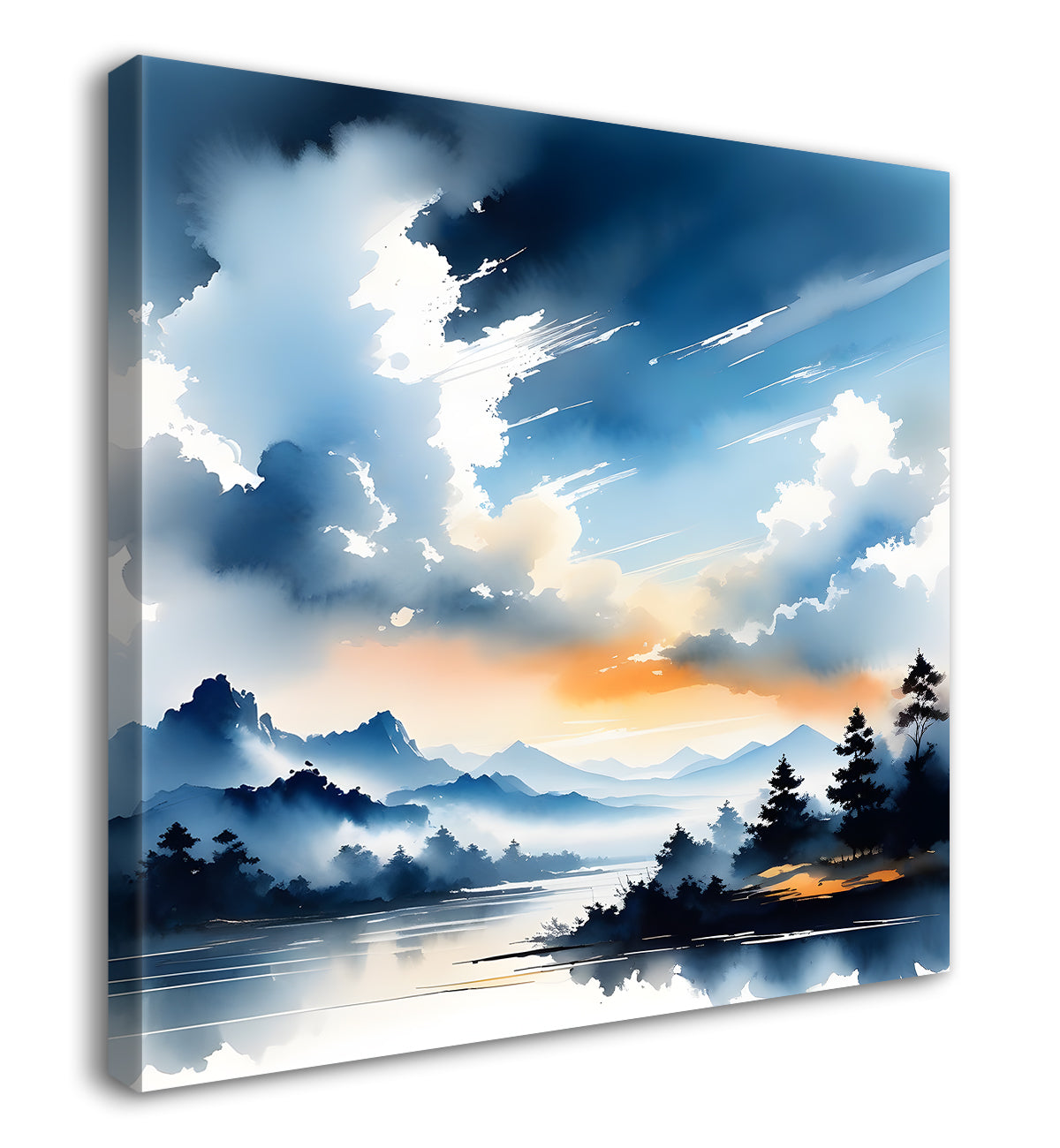 Mountains and the river with tree water colour painting 24X24- Nature Art -S-74