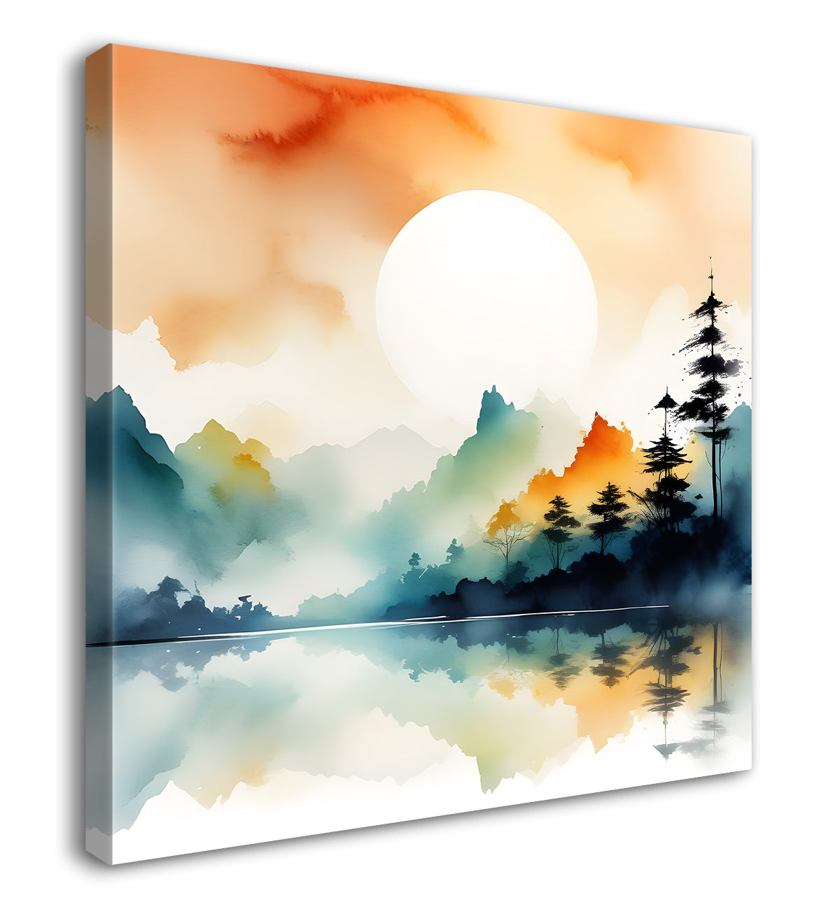 Mountains with sun and trees water colour painting 24X24 - Nature Art -S-84