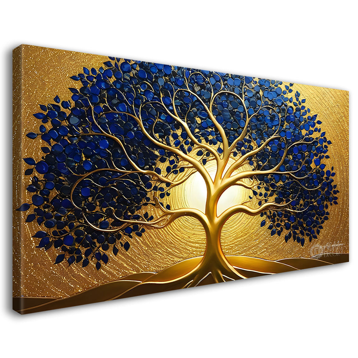 Dark blue leaf tree with golden background textured modern art Canvas Painting - Design - Tree-1