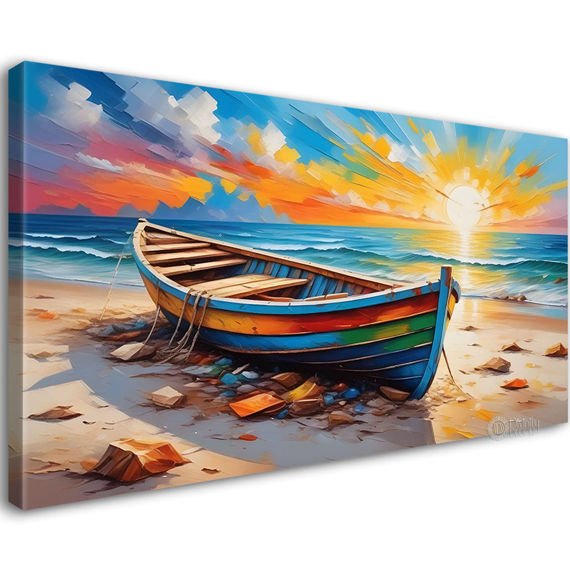 Boat on a beach in textured modern art canvas painting - Design - River-1
