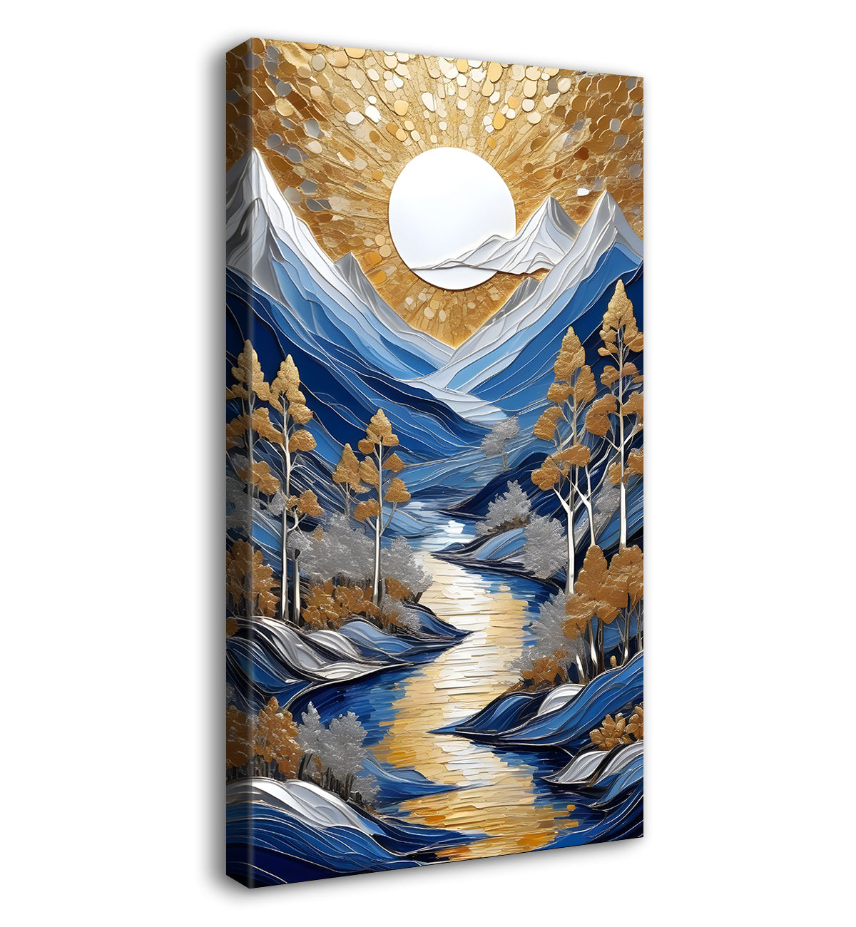 Blue mountains with golden trees and white moon textured nature art  Canvas Painting - Nature Art -V-1