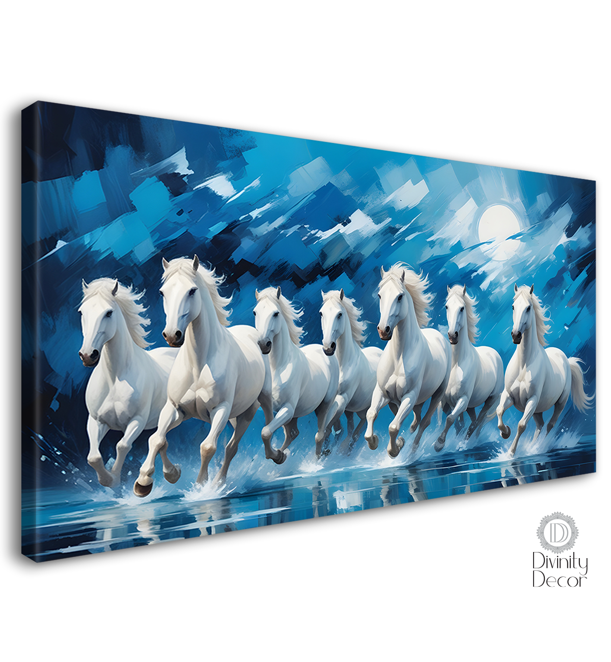 White running horses with moon in blue textured background art Canvas Painting - Design - Horse-20