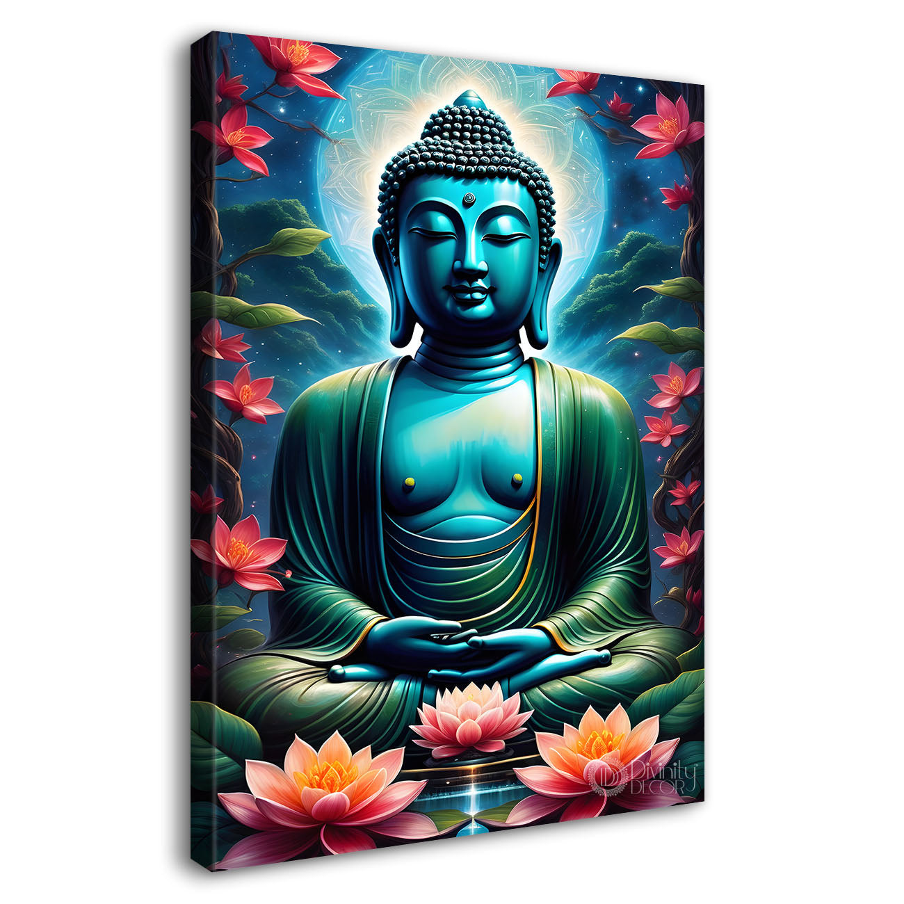 Blue face buddha with lotus and dark texturd oil painting Buddha-V-200