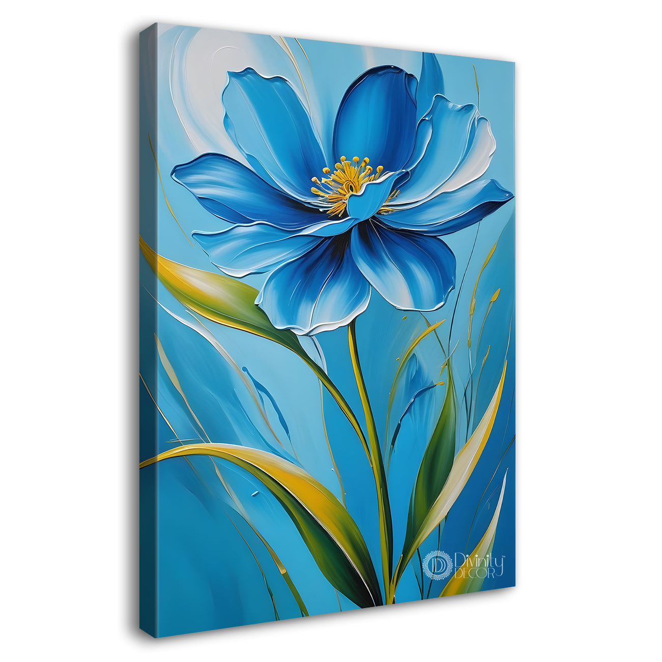 Blue flowers in blue textured background painting- Flower-V-200