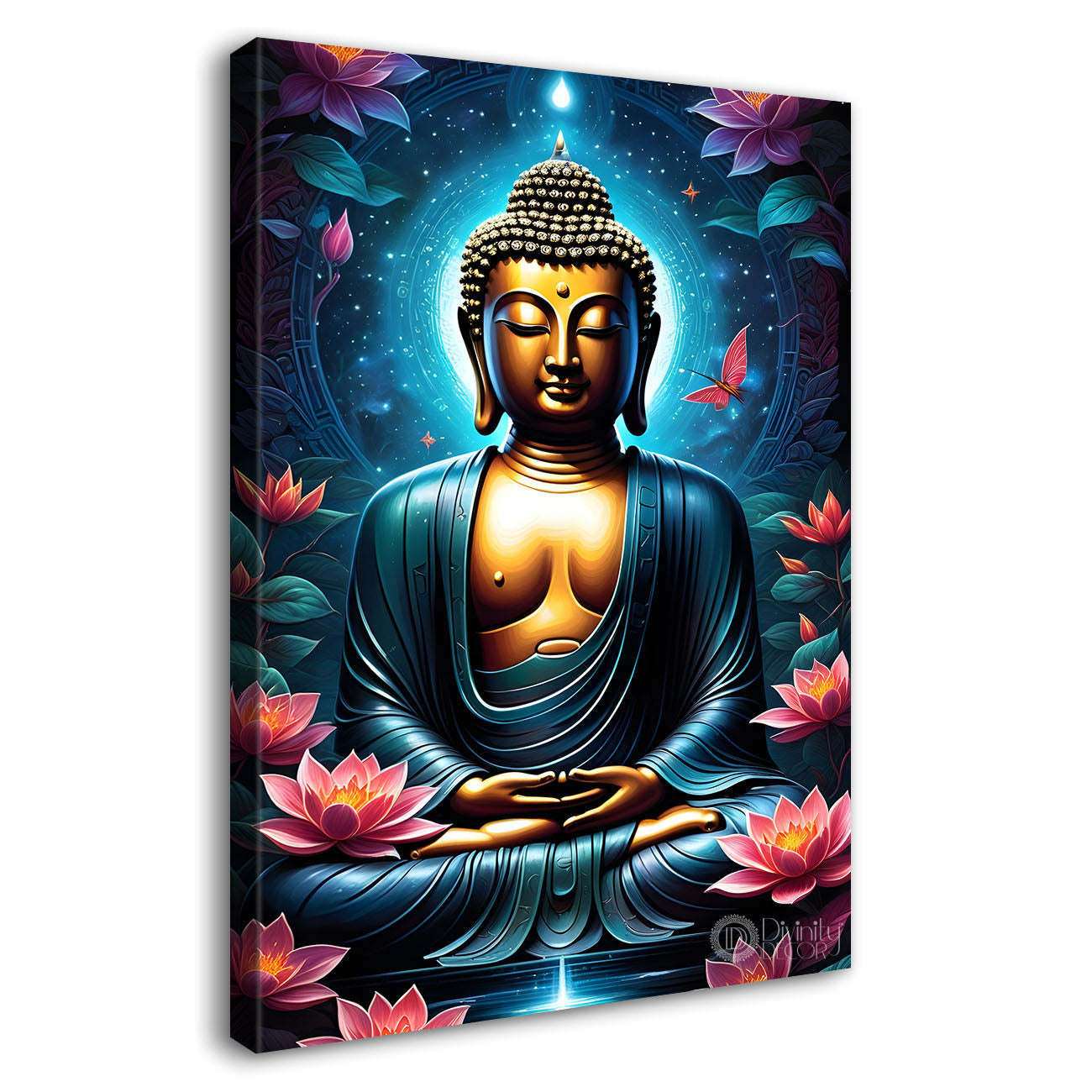 Blue face buddha with lotus and dark texturd oil painting Buddha-V-201