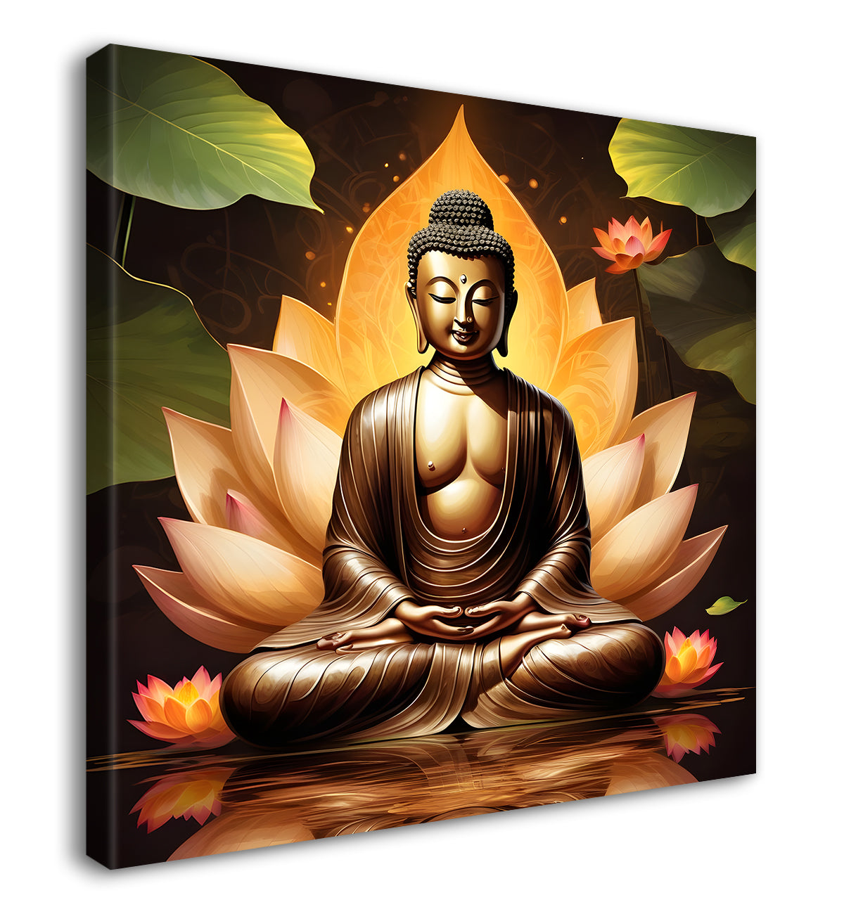 Golden buddha sitting on lotus textured background  24x24 inch Buddha-S-202