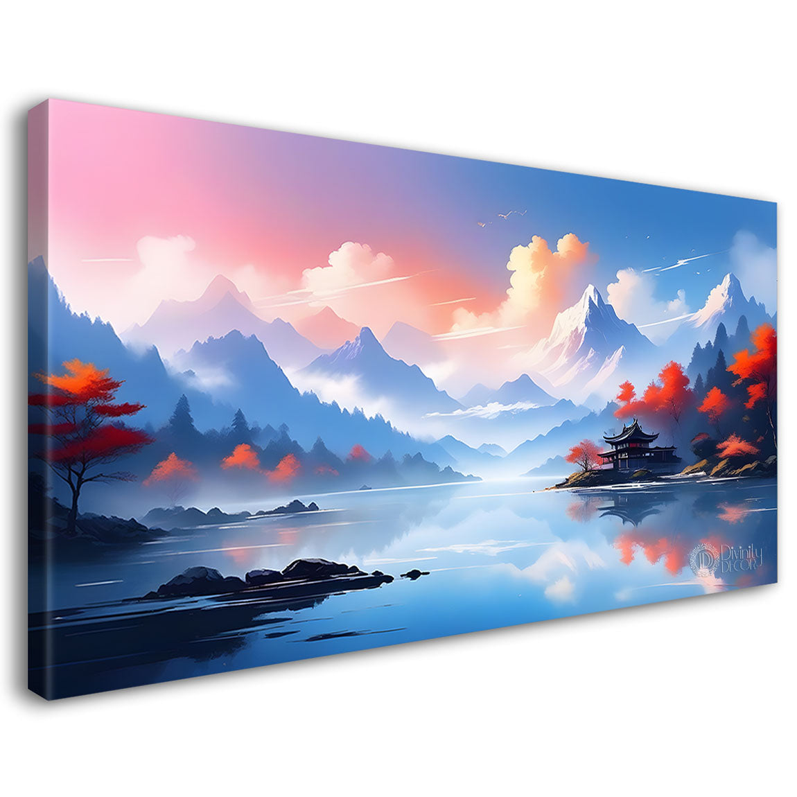 Mountains with clouds and pink trees water color painting Canvas Painting - Nature Art -202