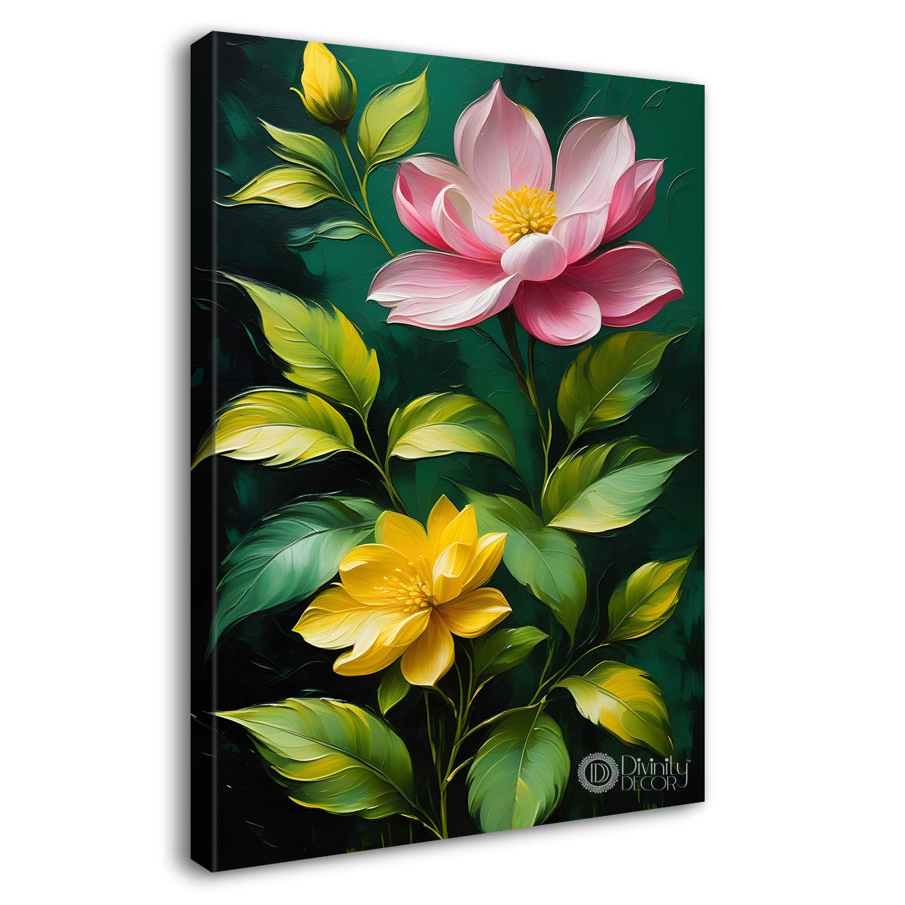 Pink and yellow flowers in green textured painting - Flower-V-202