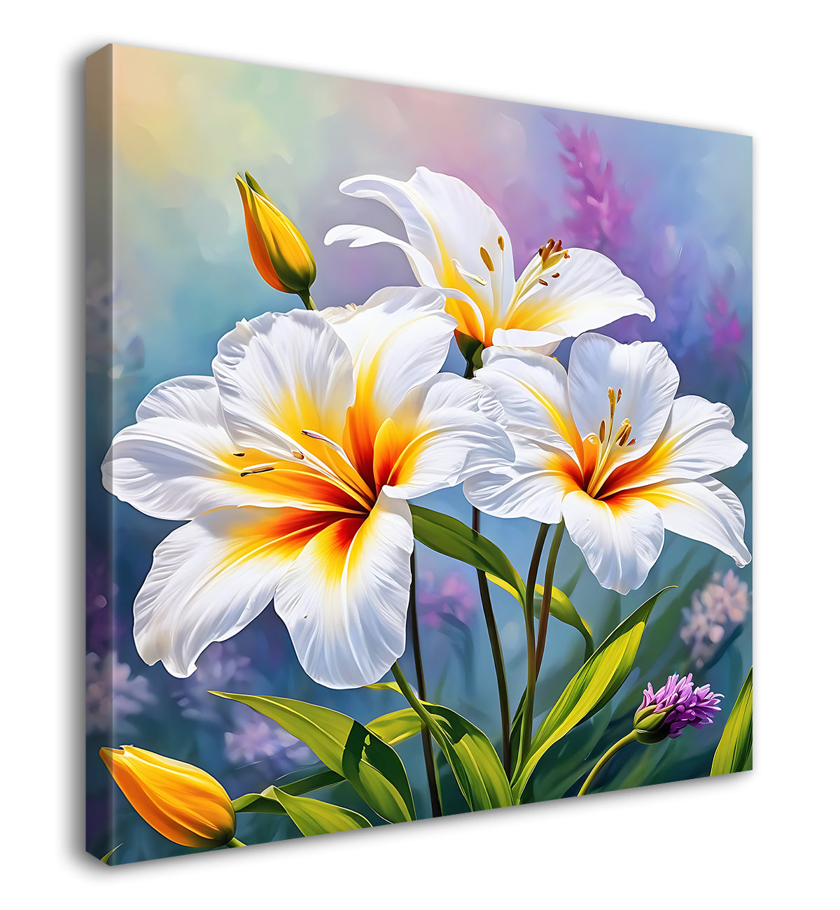 White flowers in purple background painting - Flower-S-202