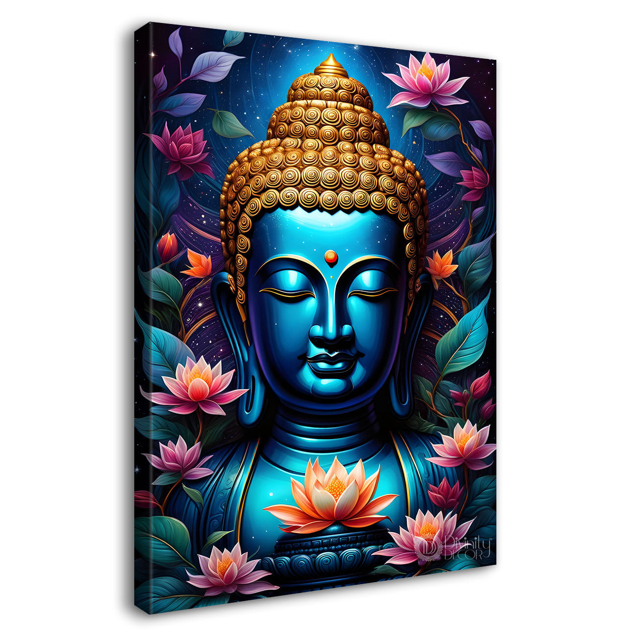 Blue face buddha with lotus and dark texturd oil painting Buddha-V-203