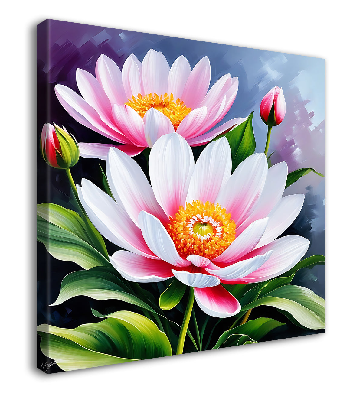 Pink flowers in blue background textured painting - Flower-S-203