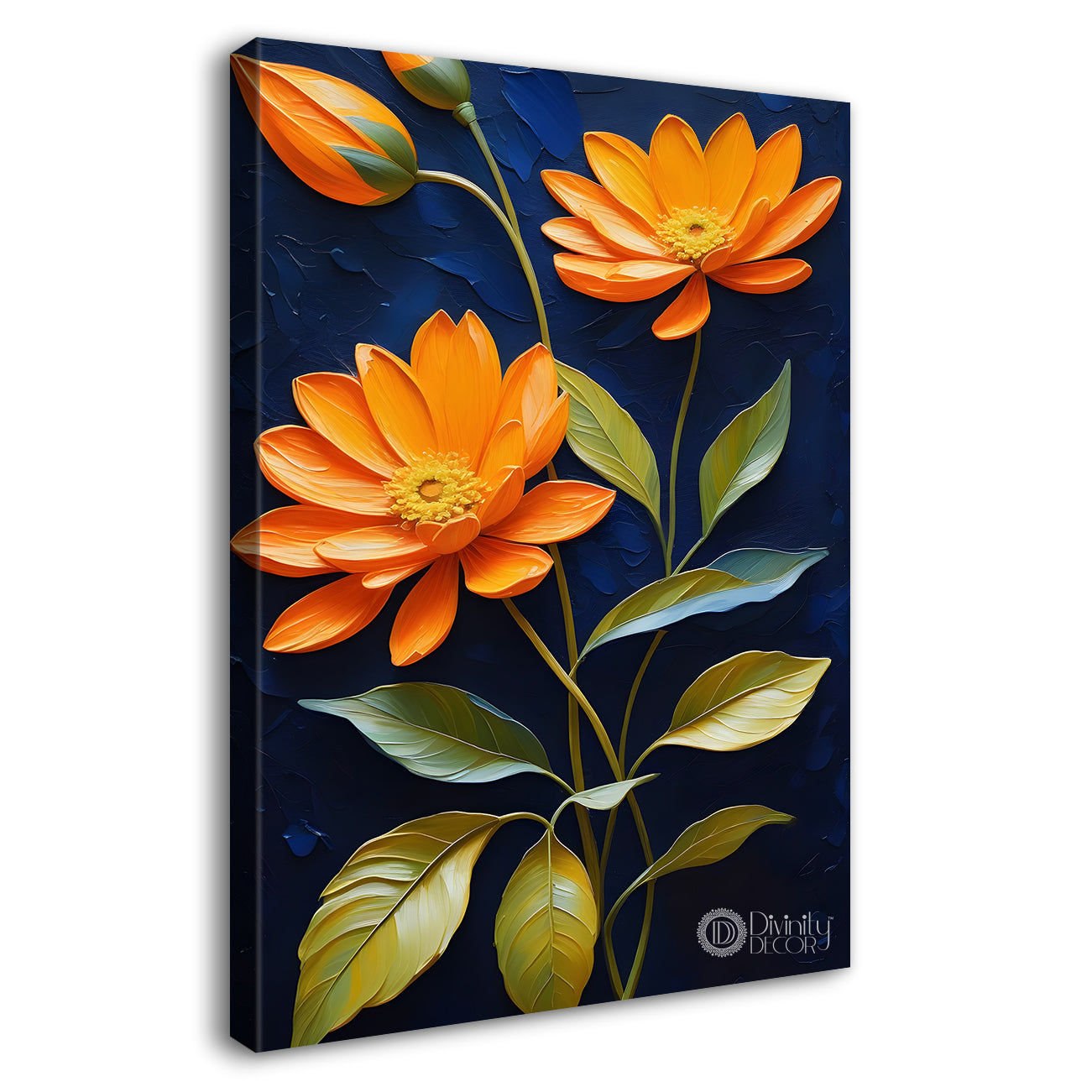 Orange flowers in dark textured painting- Flower-V-203