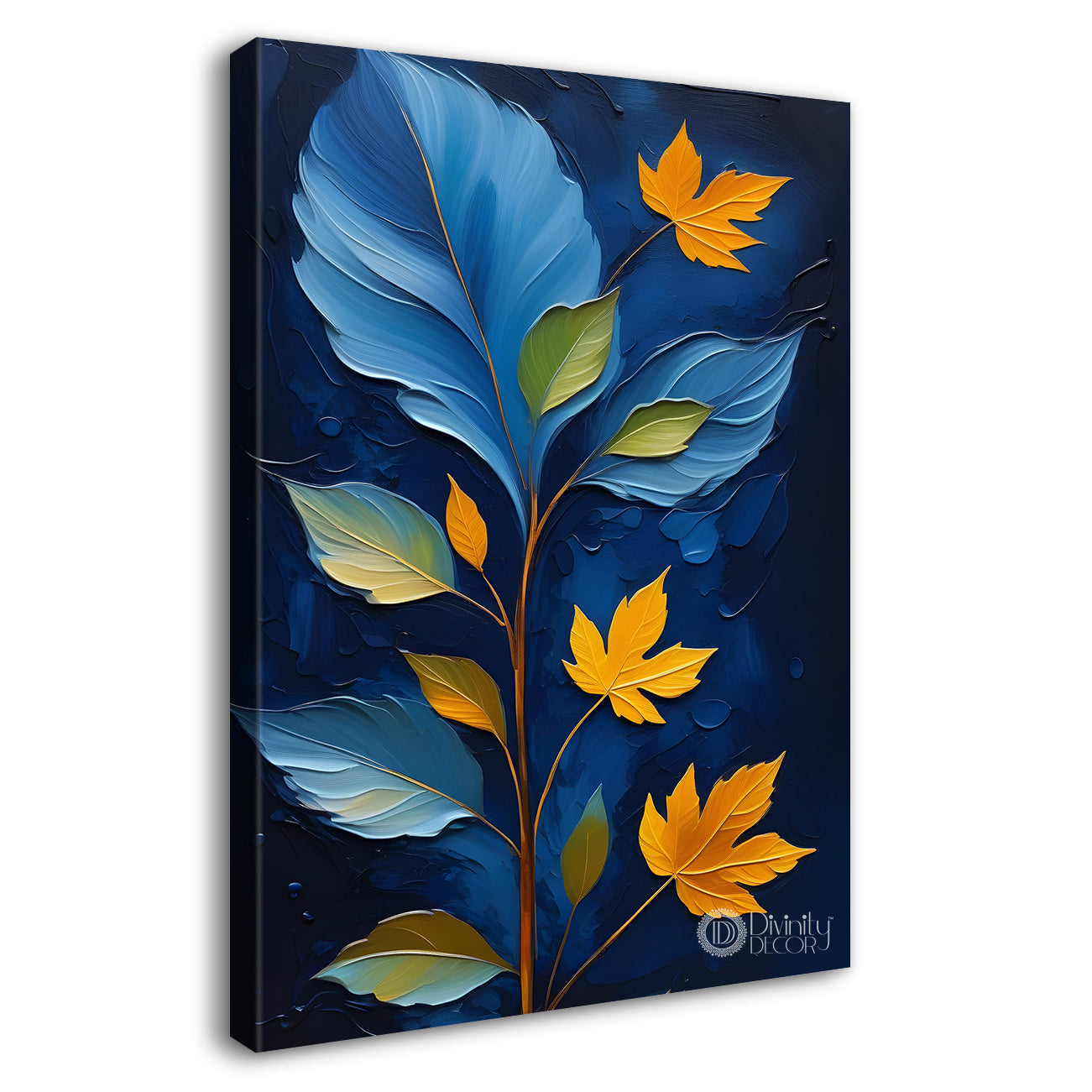 Orange leaves in navy blue textured painting- Flower-V-205