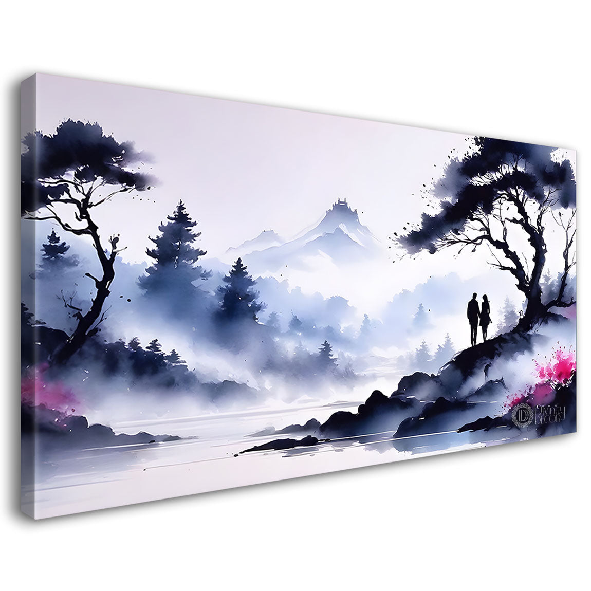 Mountains and trees and pink flowers in water color painting Canvas Painting - Nature Art -205