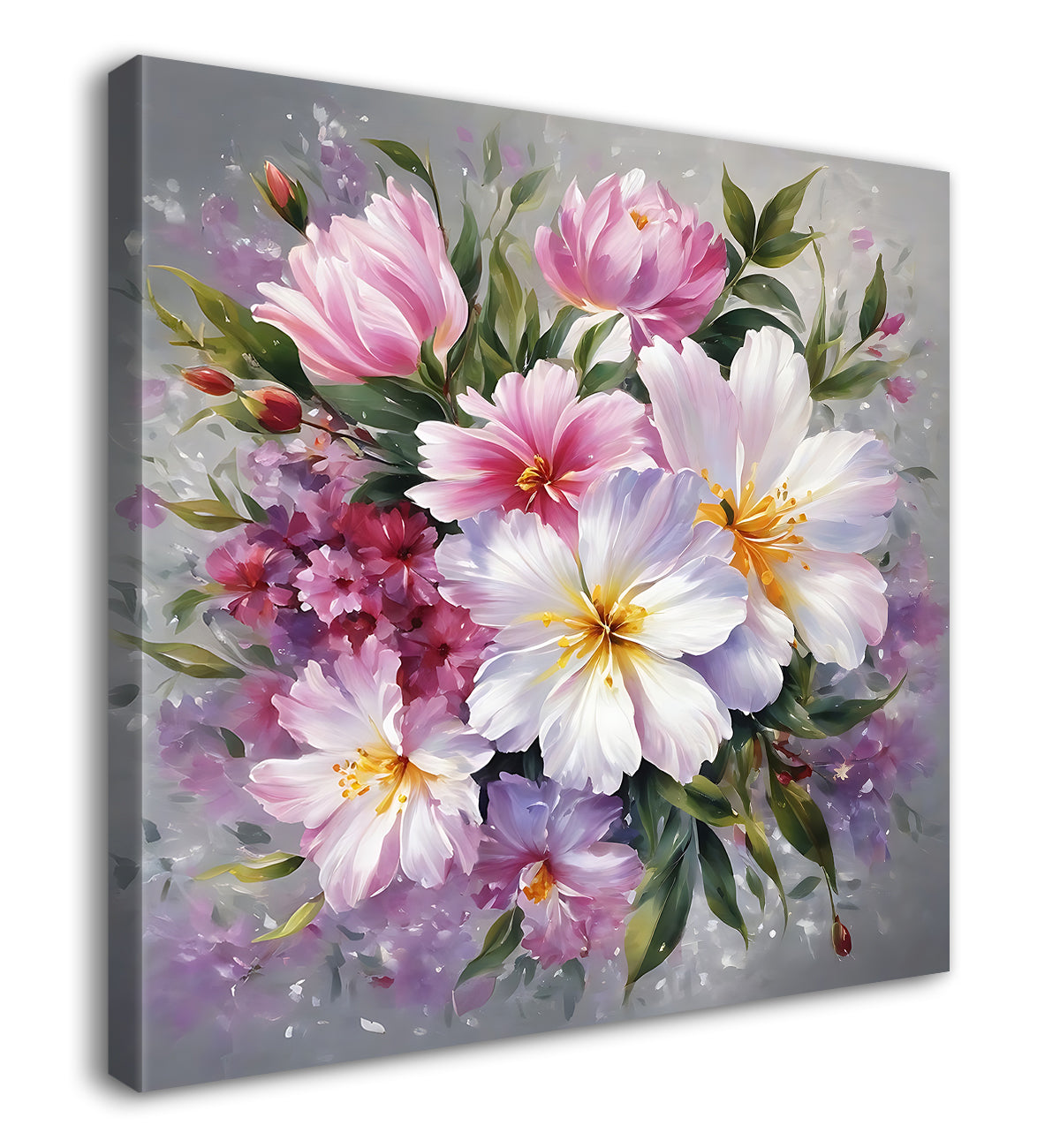 Pink and white flowers in grey textured painting - Flower-S-205
