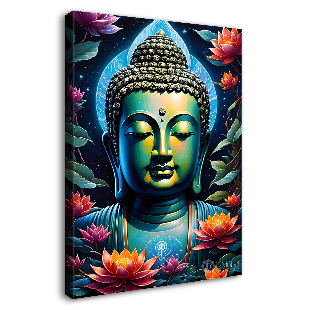 Blue face buddha with lotus and dark texturd oil painting Buddha-V-205