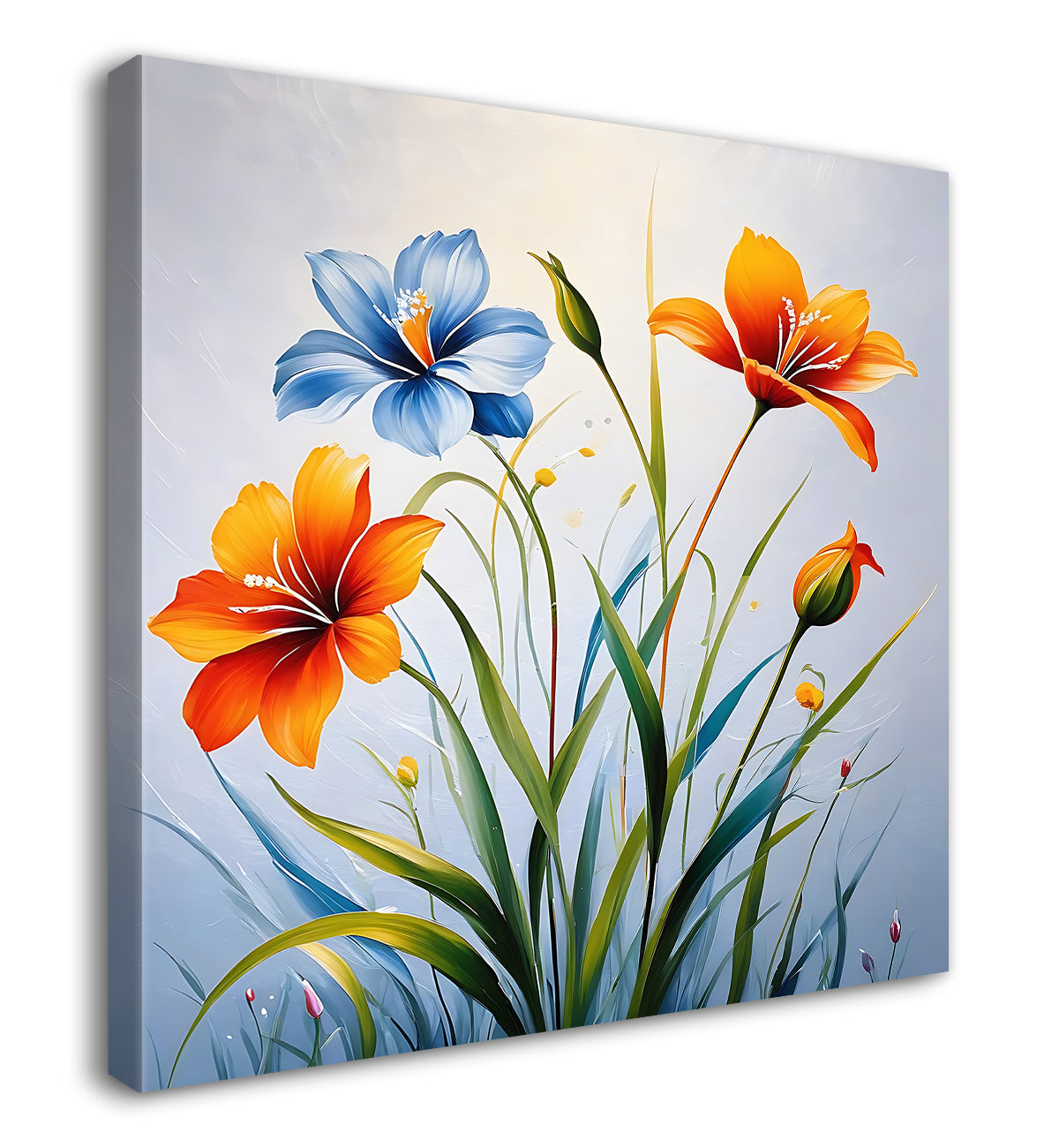 Orange and blue flower in grey textured painting - Flower-S-206