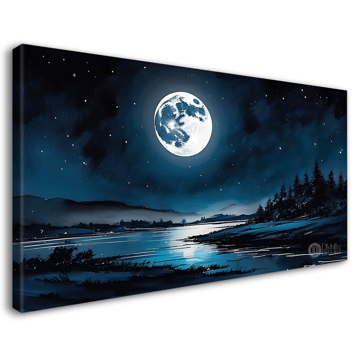 Mountains and river with moon in night painting Canvas Painting - Nature Art -206