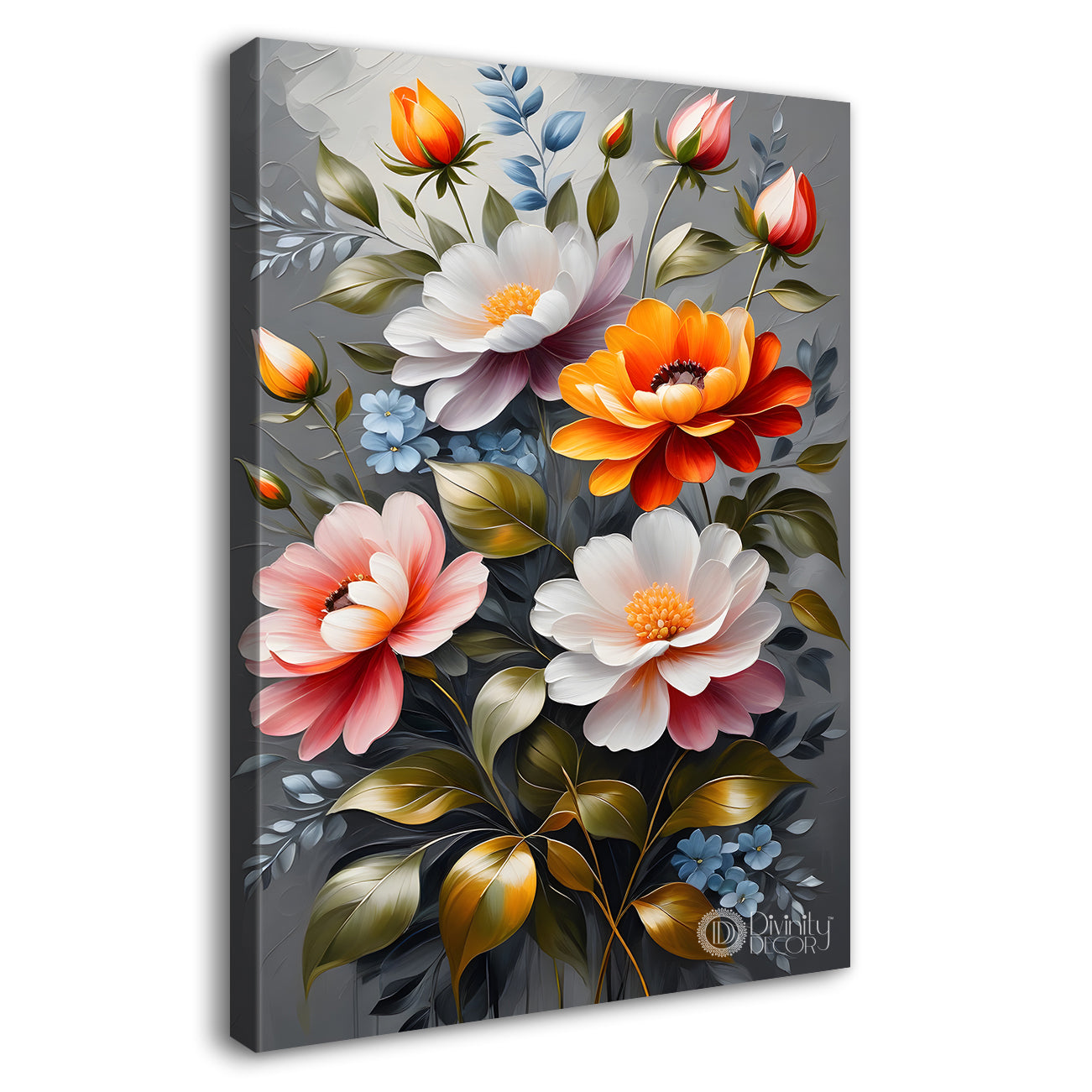 Colourful flowers in grey textured background painting- Flower-V-207