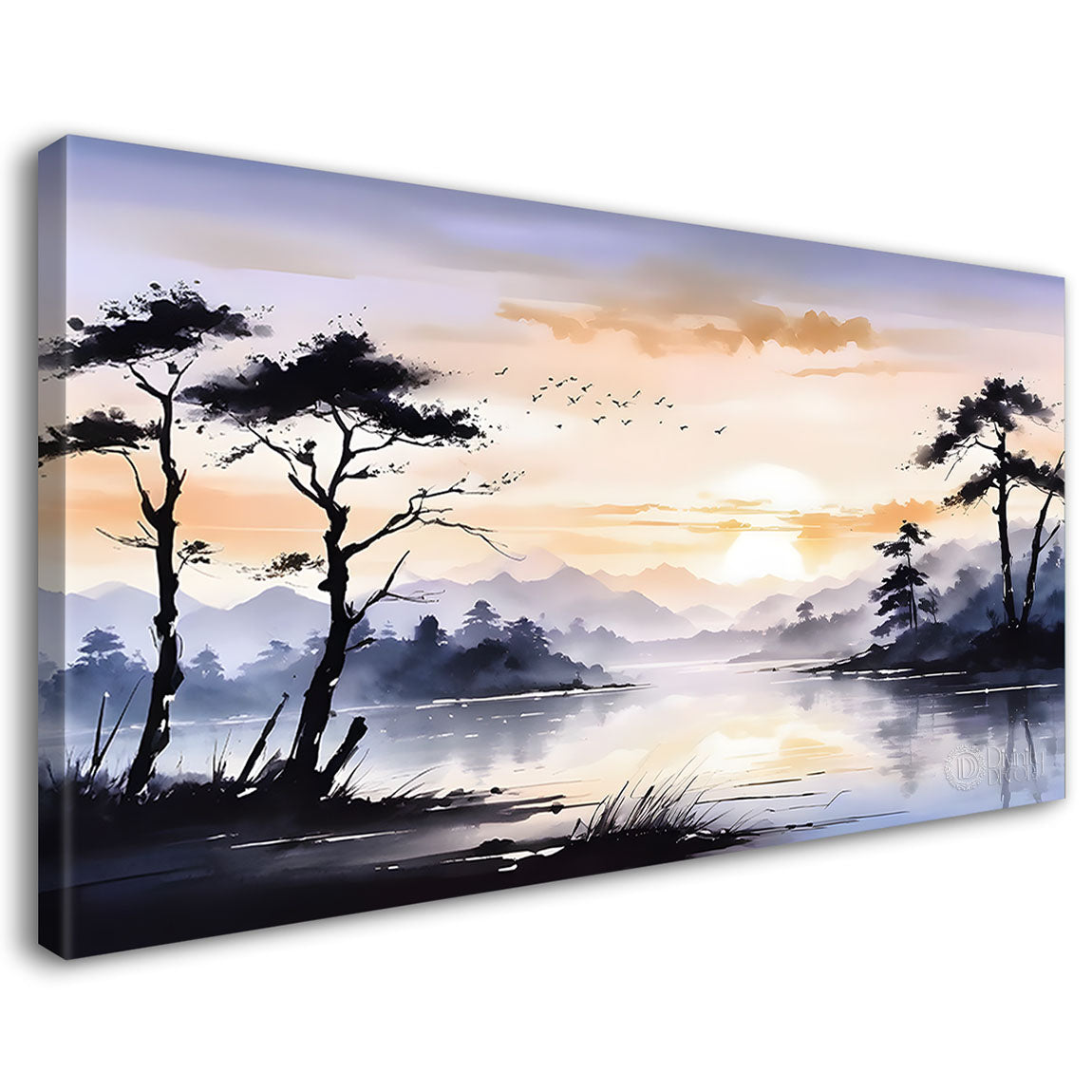 Mountains with clouds and tree in textured water color painting Canvas Painting - Nature Art -207