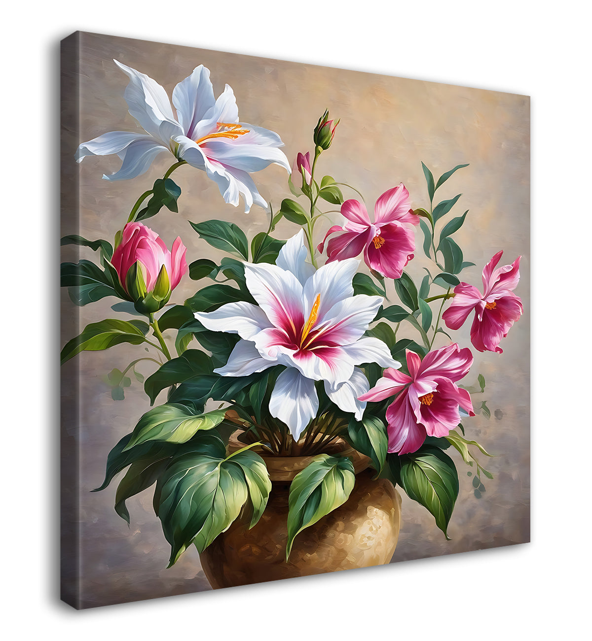 Pink and white flowers in light brown textured art - Flower-S-208