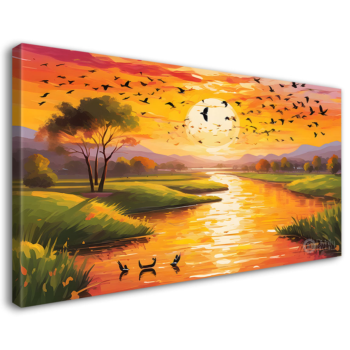 Mountains with greenery , river and bird in sunset painting Canvas Painting - Nature Art -208