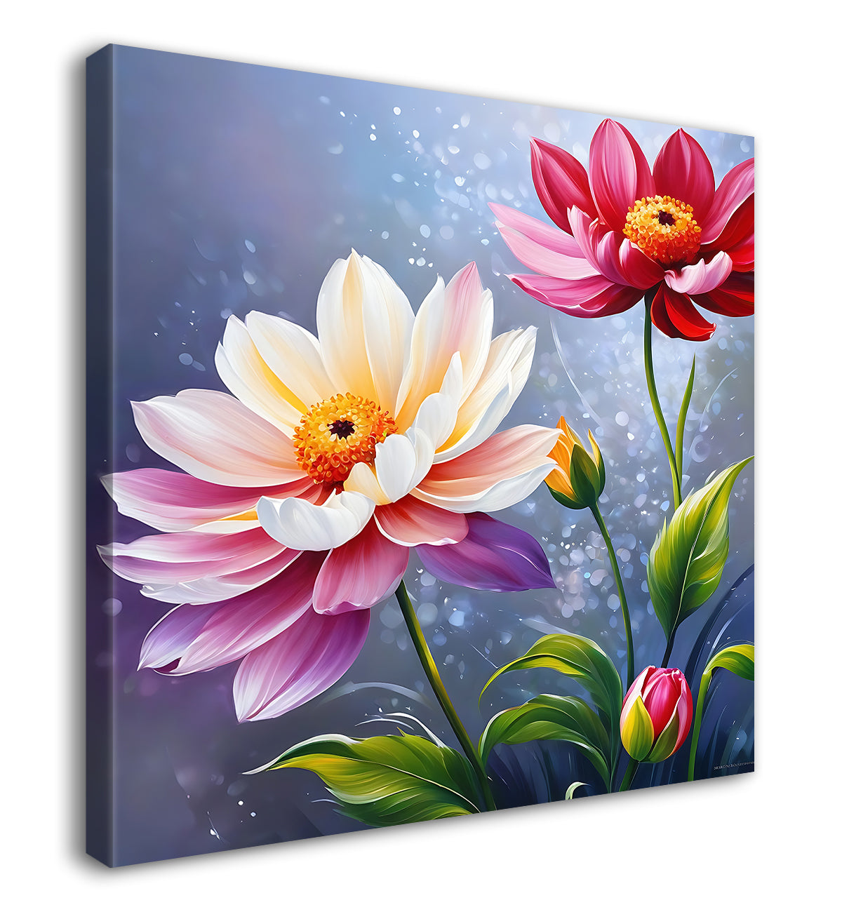 Pink flowers in grey textured painting - Flower-S-209