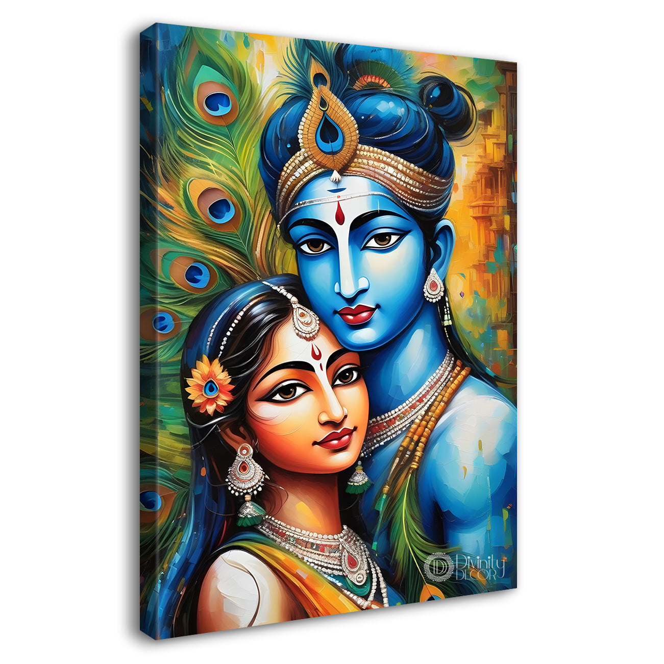 Blue face of krishna with radha in peacock feathers background textured art Canvas Painting - Design - Krishna-V-20