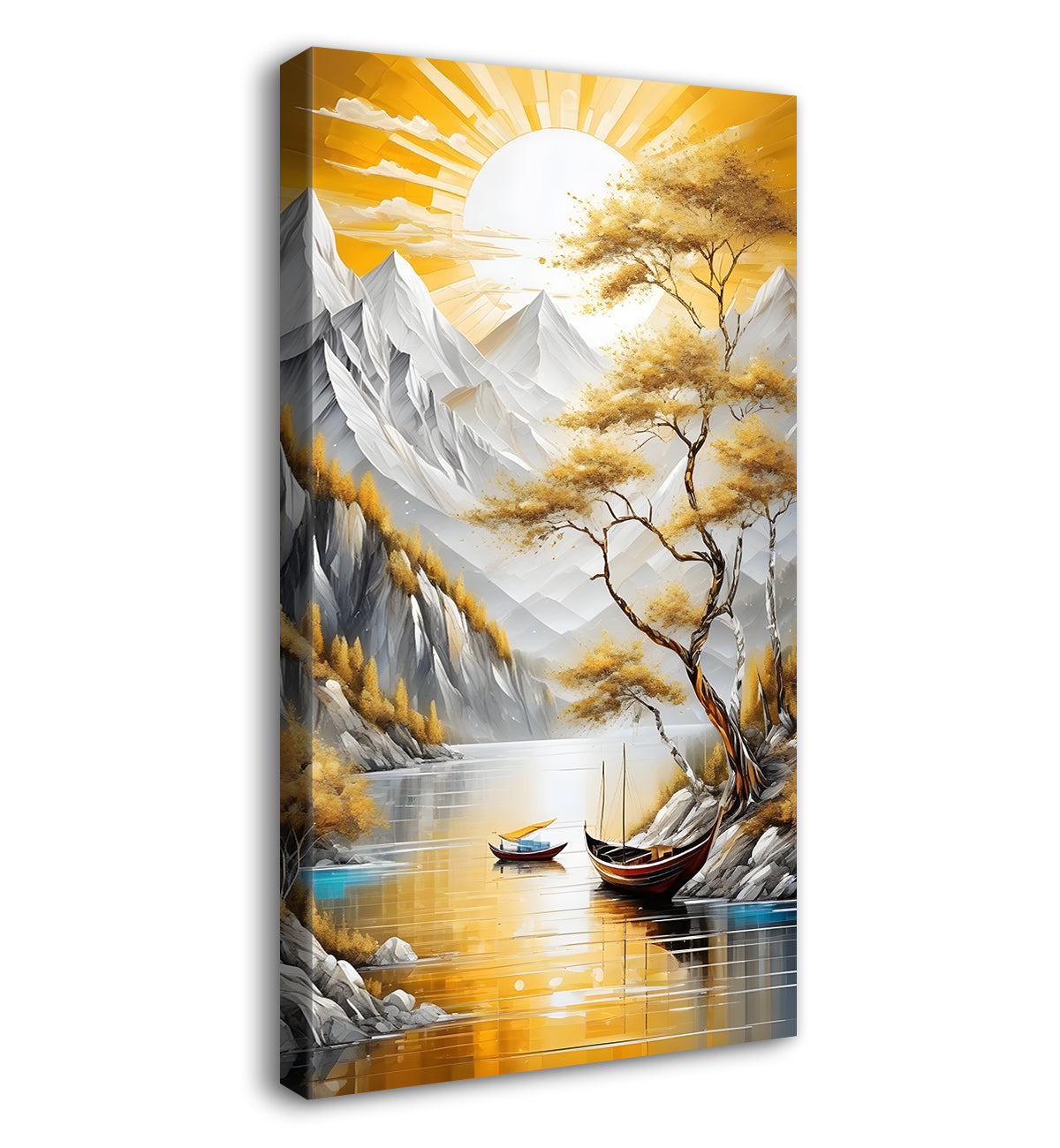 White mountains with golden trees and lake textured natural art Canvas Painting - Nature Art -V-20