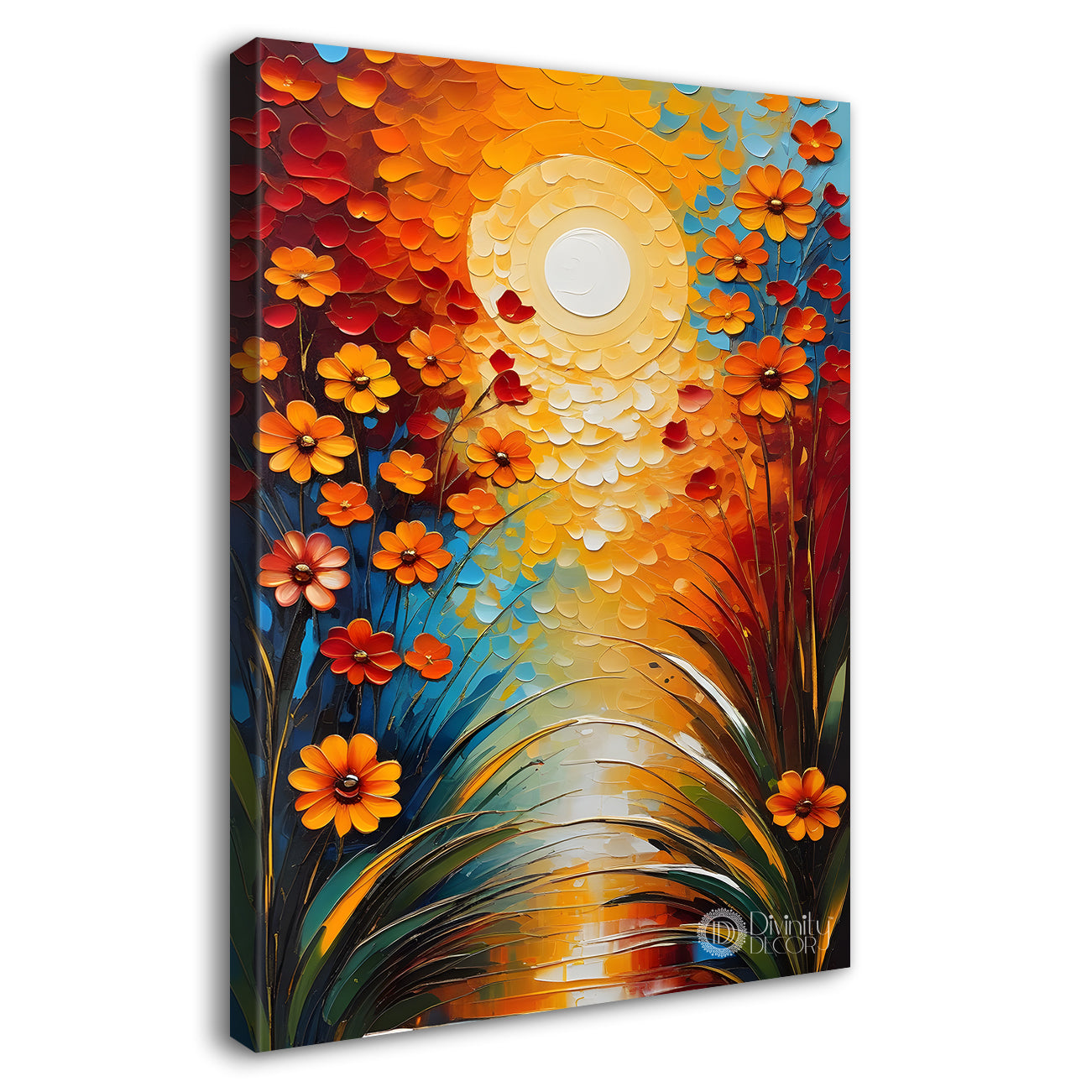 Orange flowers with sunrise textured painting - Flower-V-20