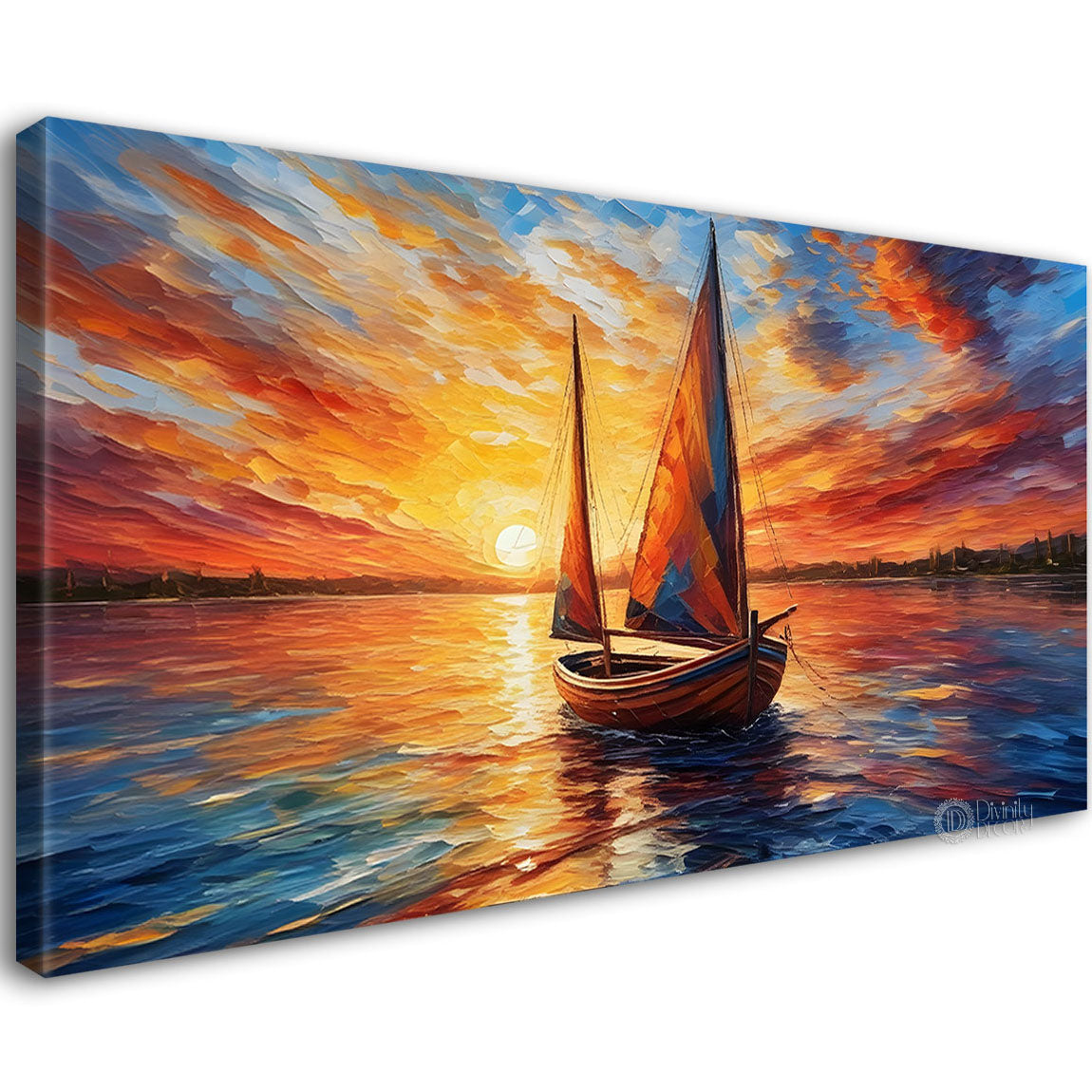 Boat in sea with sunrise background textured modern art canvas painting - Design - River-20